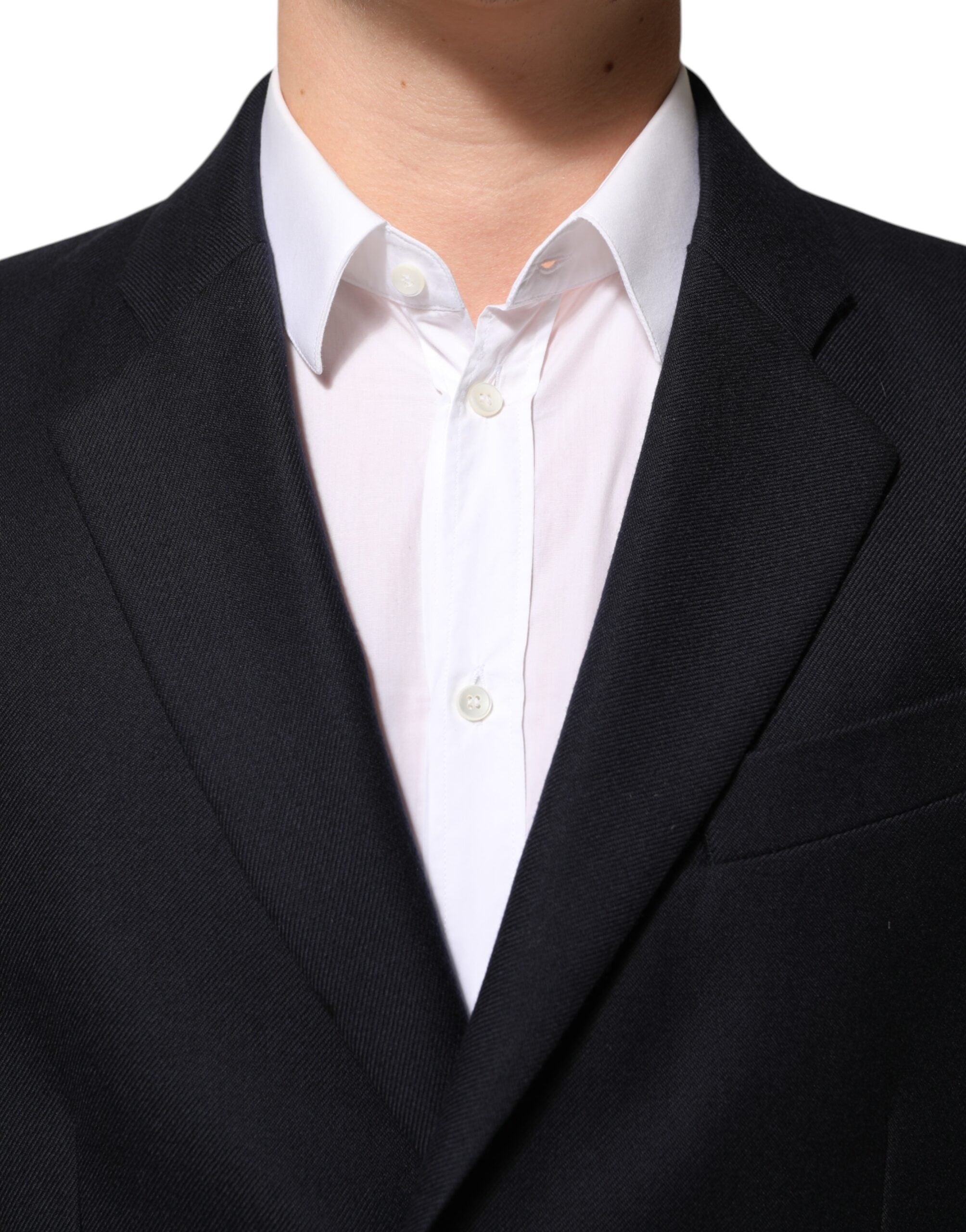 Veste homme en laine bleu foncé de Dolce & Gabbana, blazer élégant avec revers et détails sophistiqués.