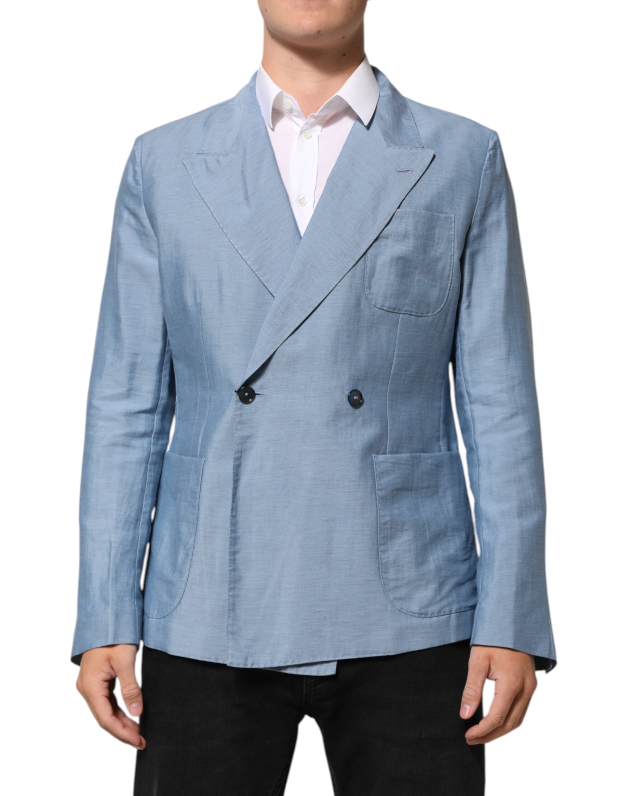 Veste blazer homme en lin double boutonnage Dolce & Gabbana Light Blue, élégante et légère, vue de face.