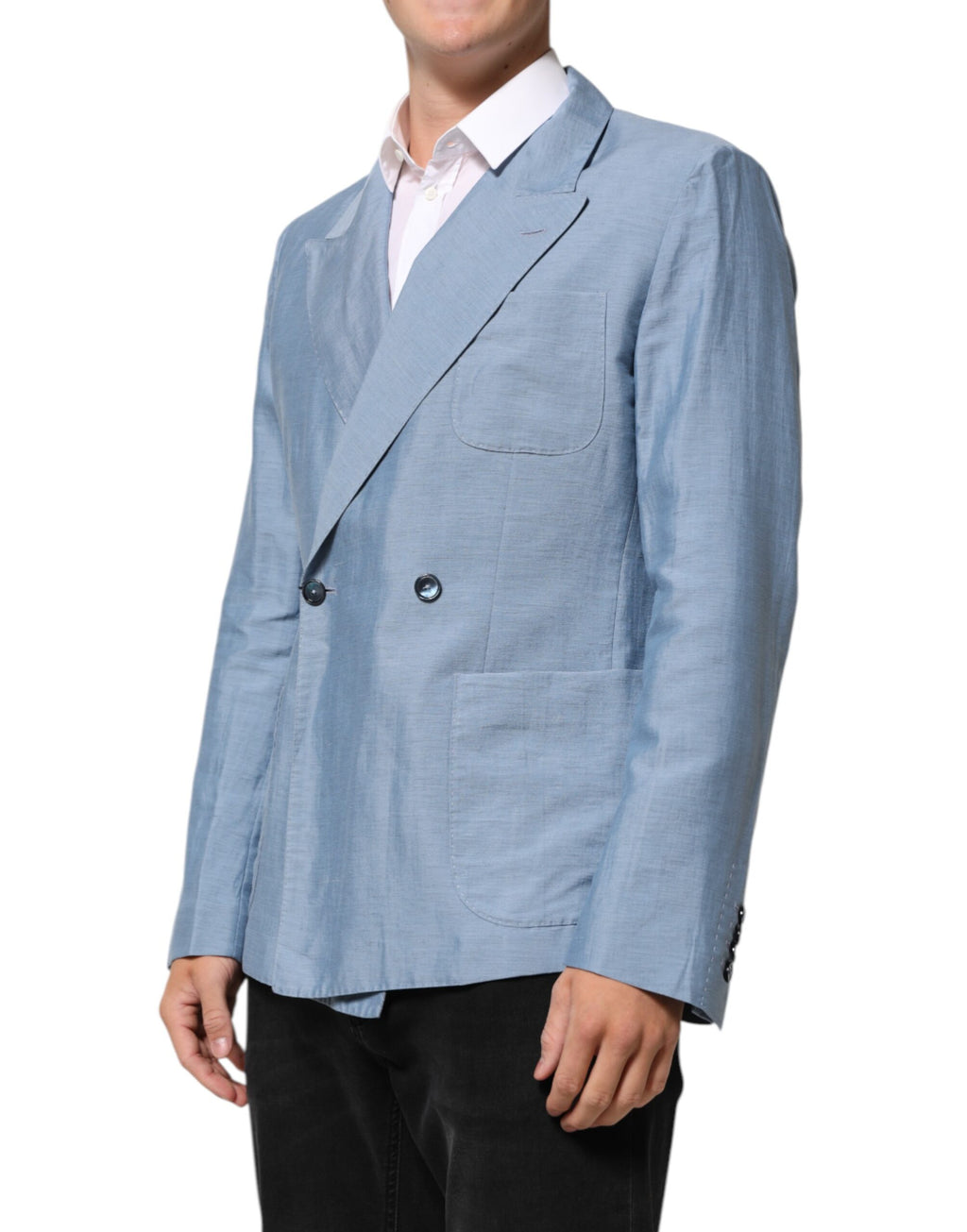 Veste blazer homme en lin bleu clair Dolce & Gabbana Light Blue, double boutonnage, style élégant et léger.