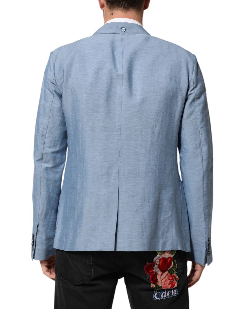 Veste blazer en lin pour homme Dolce & Gabbana Light Blue avec double boutonnage, tissu léger et élégant.