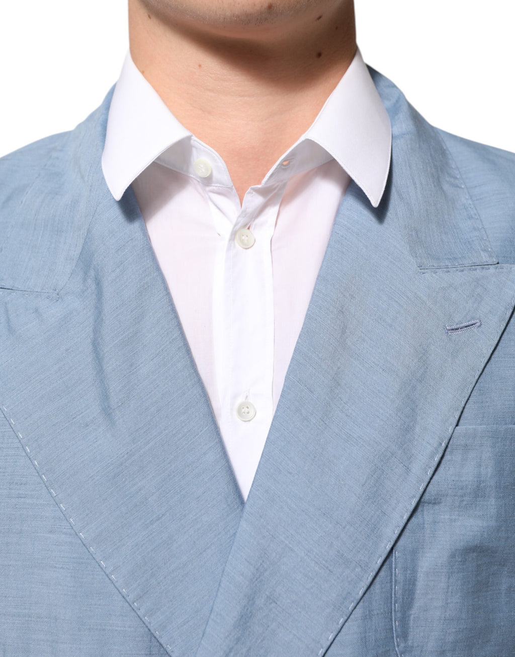 Veste blazer pour homme Dolce & Gabbana Light Blue en lin à double boutonnage, élégante et légère.
