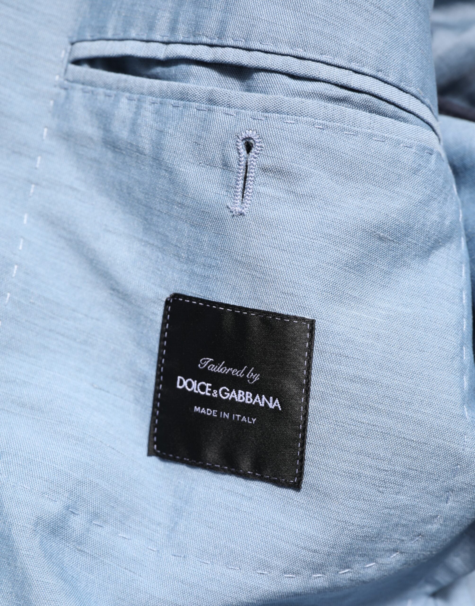 Veste blazer homme en lin Dolce & Gabbana Light Blue, coupe double boutonnage, élégante et décontractée.