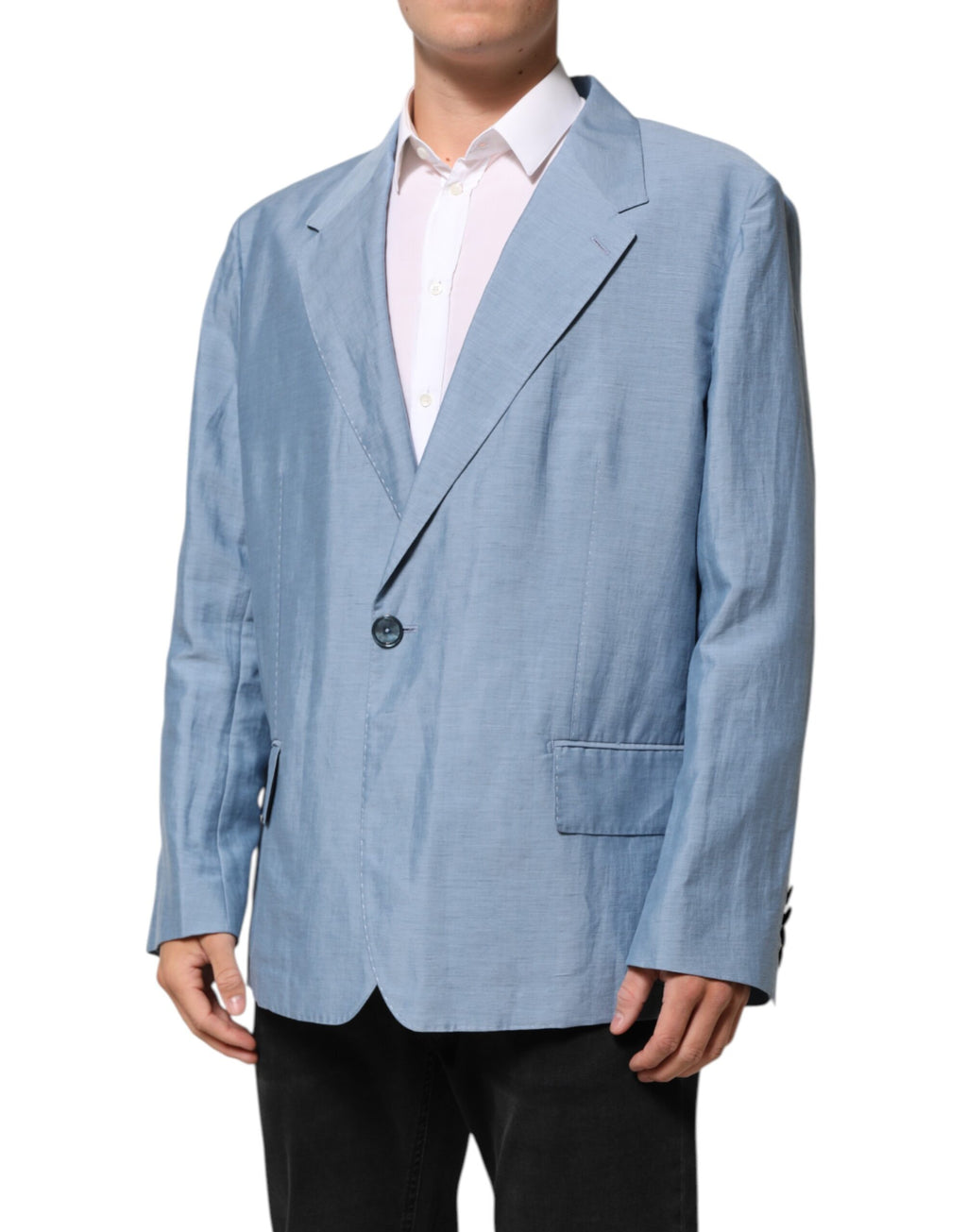 Veste blazer homme en lin double boutonnage Dolce & Gabbana Light Blue, élégante et légère, vue de face.