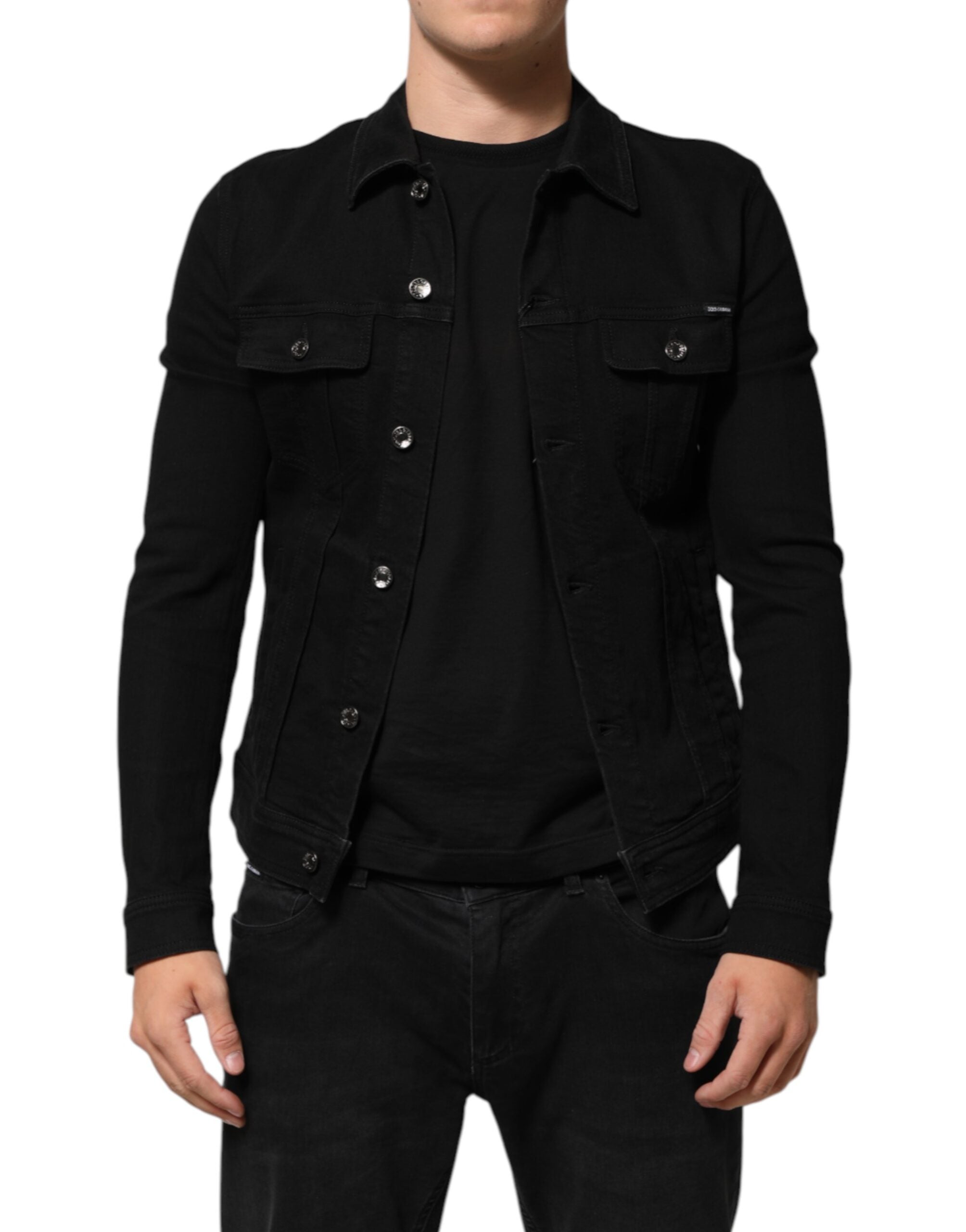 Veste en jean noir en coton stretch de Dolce & Gabbana avec boutons, style décontracté et moderne.