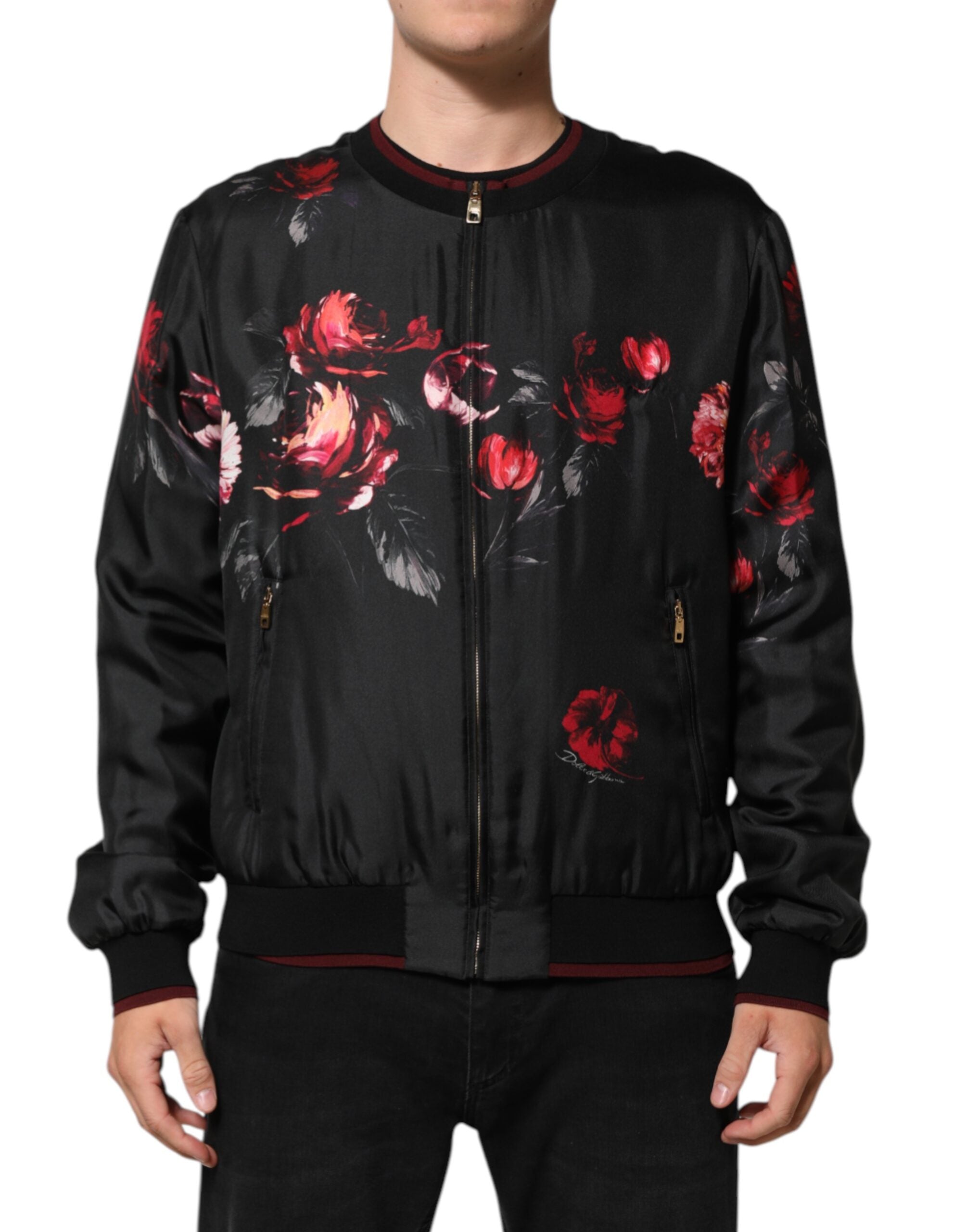 Veste bomber en soie noire et rouge à fleurs Dolce & Gabbana, style élégant avec motif floral et finition raffinée.