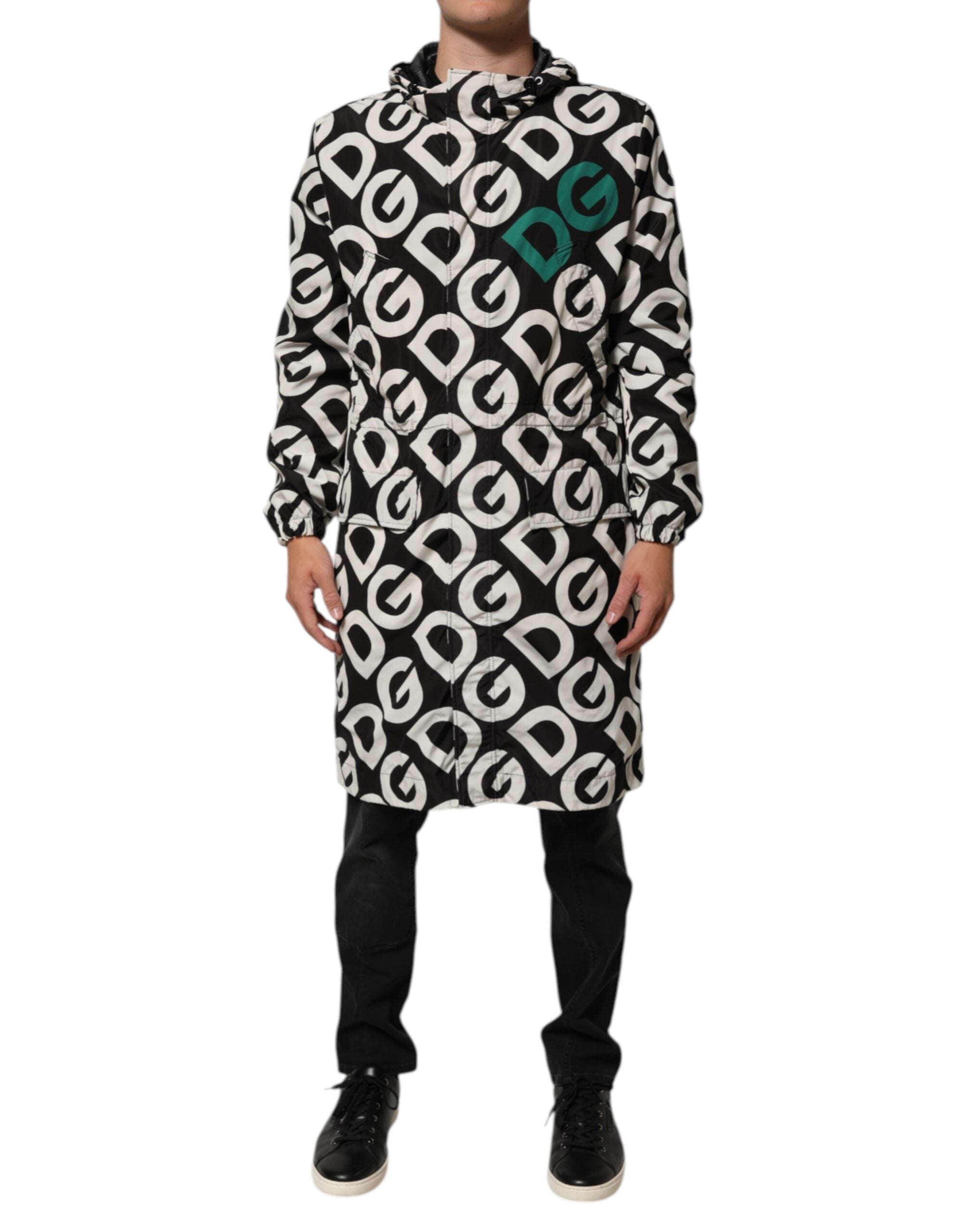 Veste à capuche pour homme Dolce & Gabbana noire et blanche avec logo imprimé, style élégant et décontracté.