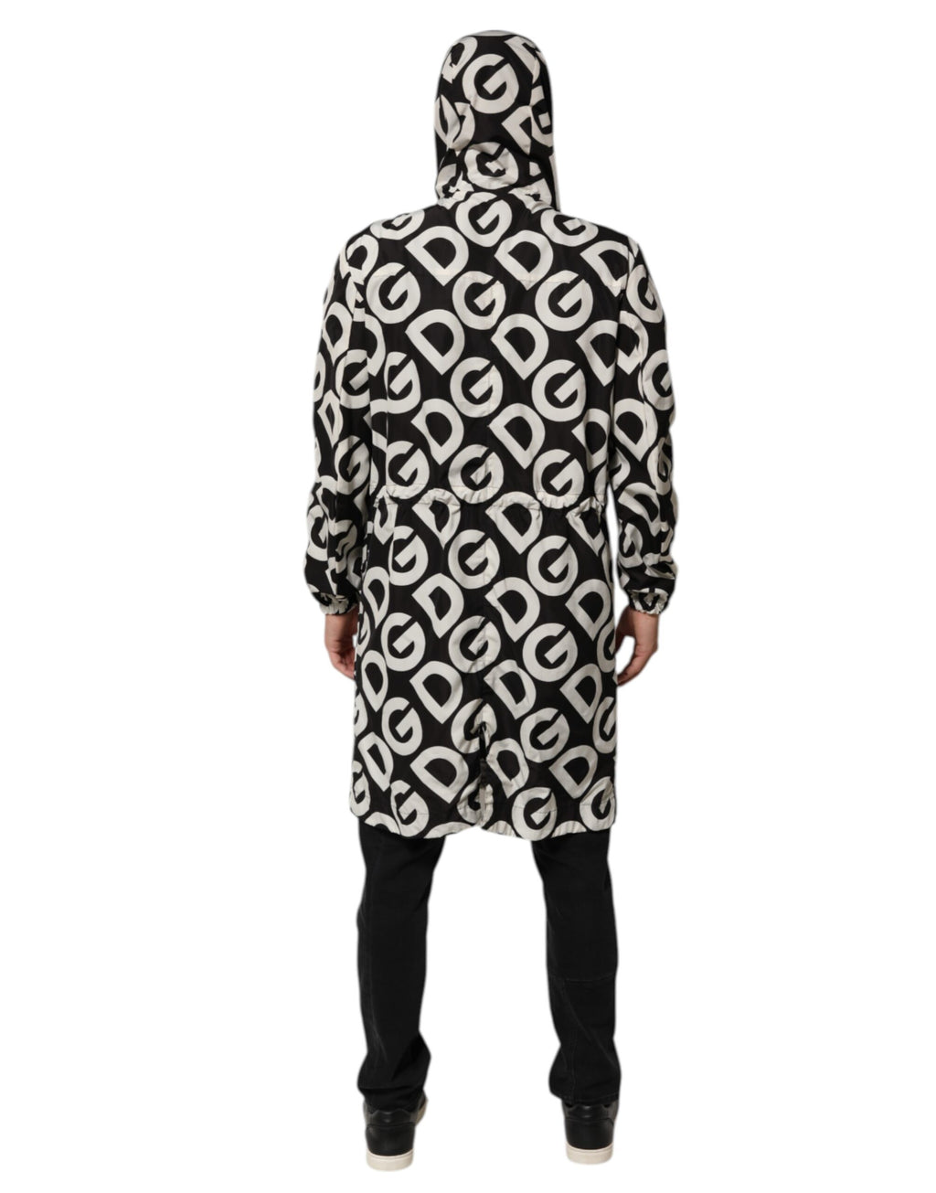 Manteau à capuche noir et blanc Dolce & Gabbana pour homme avec logo imprimé, veste élégante et tendance.