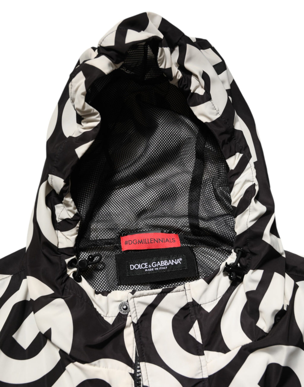 Veste homme Dolce & Gabbana noir et blanc avec logo imprimé, capuche, style manteau chaud et tendance.
