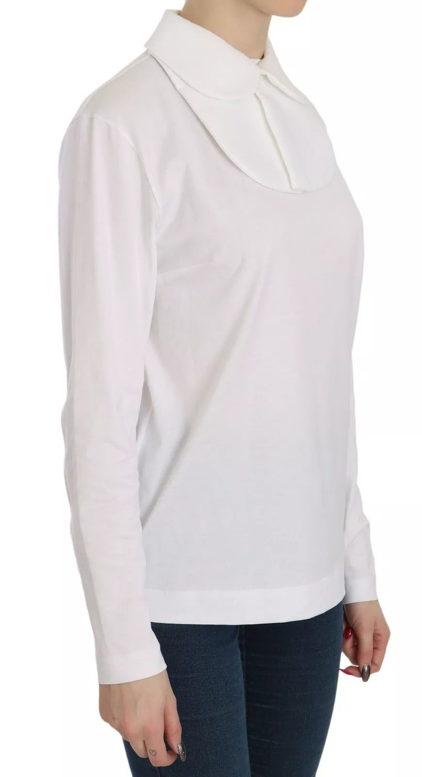 Blouse blanche en coton à manches longues et col, Dolce & Gabbana, vue de face, détails du tissu et du col visible.