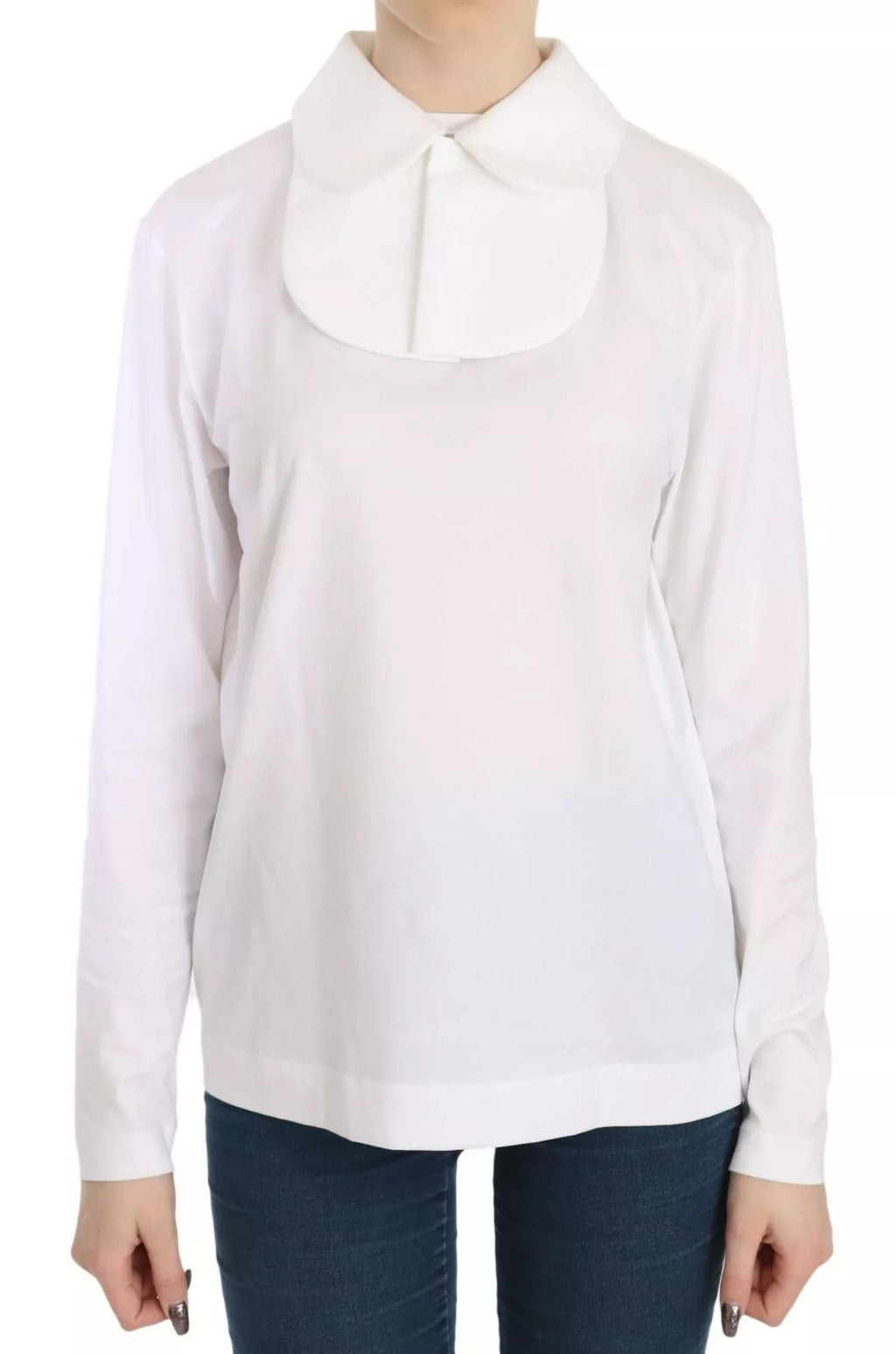 Chemise blanche en coton Dolce & Gabbana avec col montant et manches longues, vue de face.