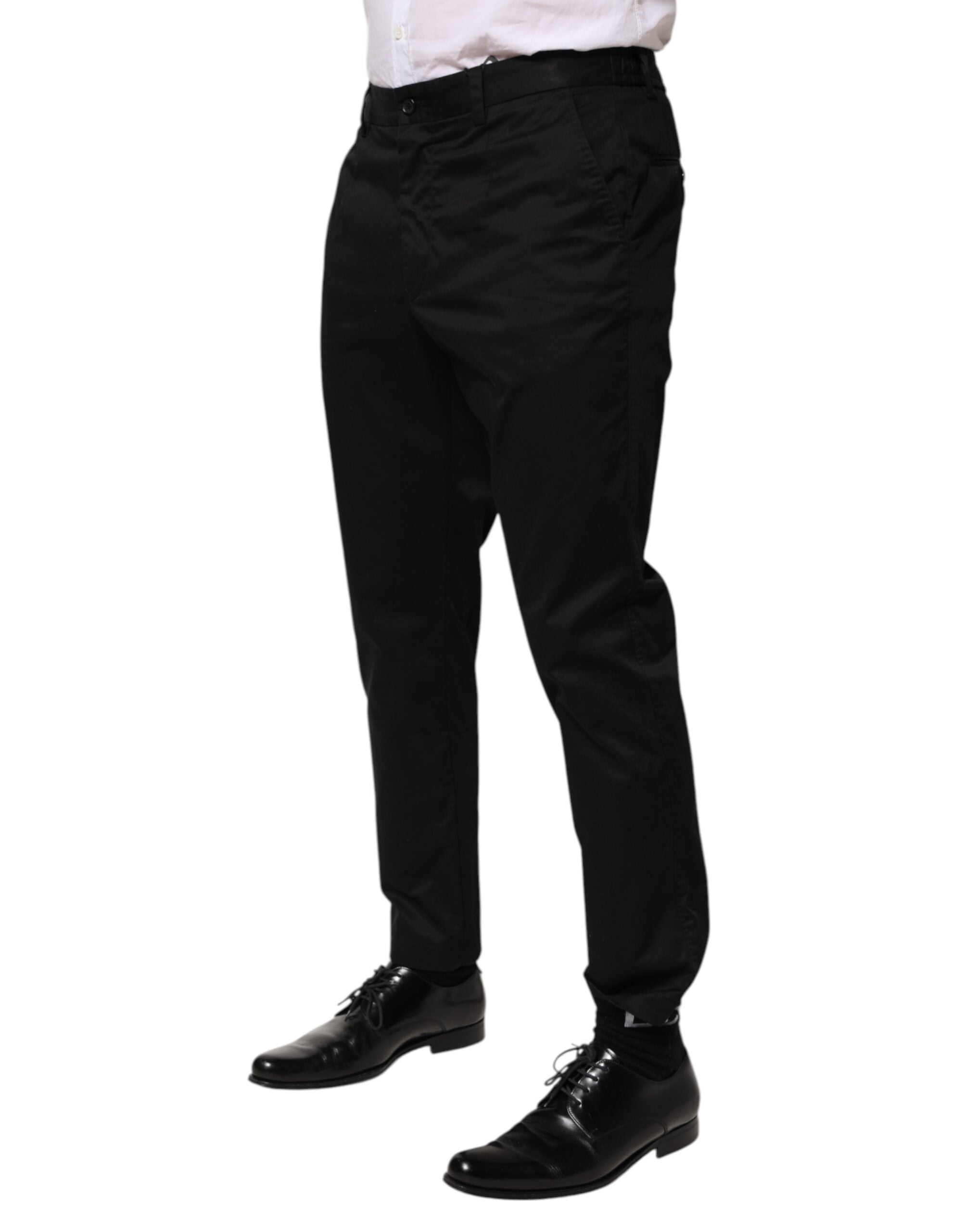 Pantalon homme Dolce & Gabbana en coton noir, coupe tapered, pantalon formel élégant et moderne.