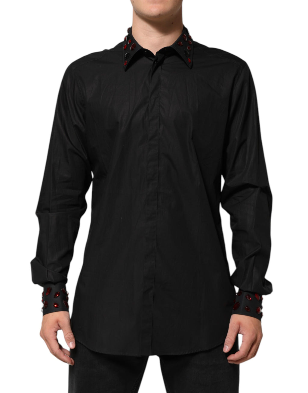 Chemise pour homme Dolce & Gabbana en coton noir avec col orné de détails embellis, élégante et sophistiquée.