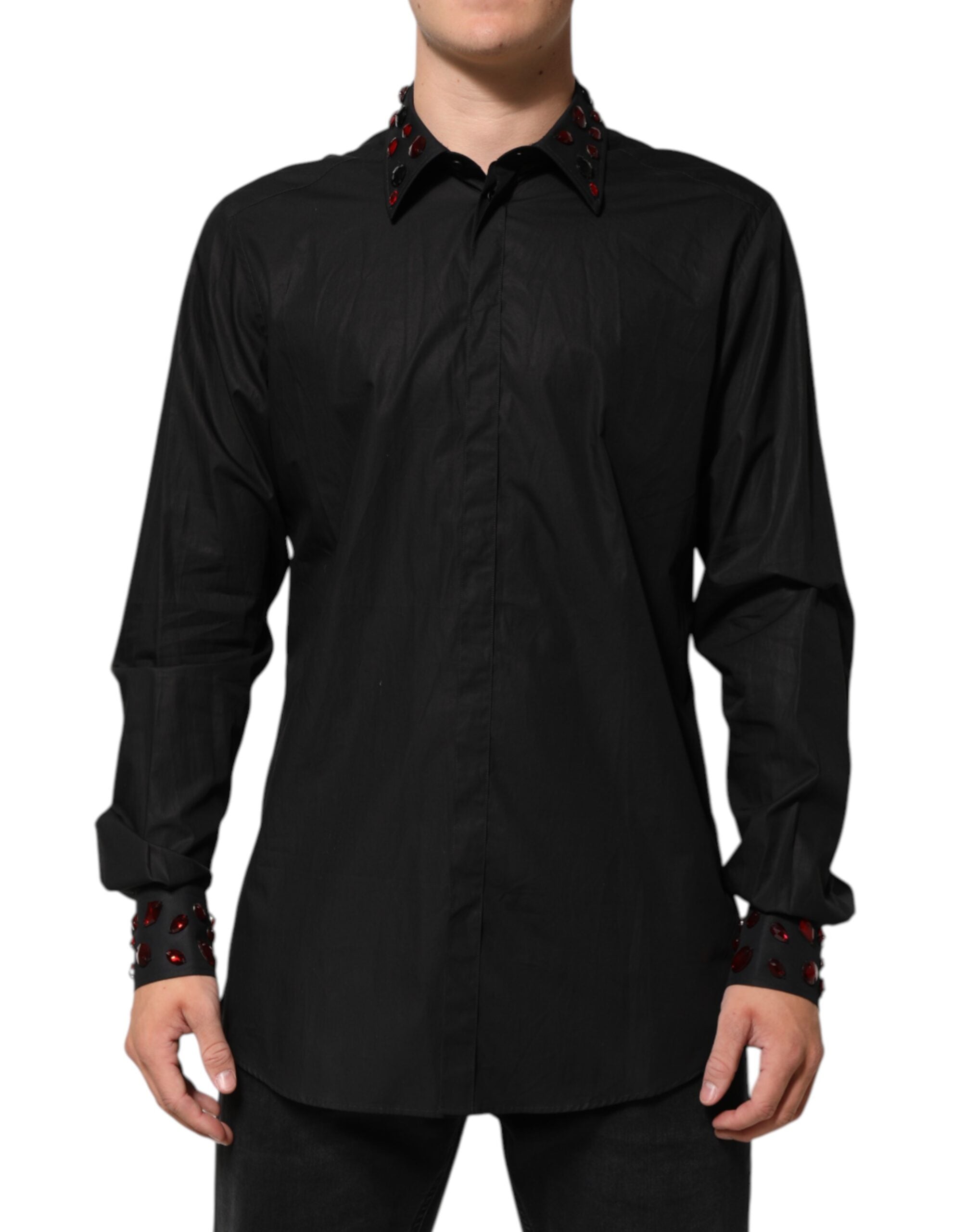 Chemise pour homme Dolce & Gabbana en coton noir avec col orné de détails embellis, élégante et sophistiquée.
