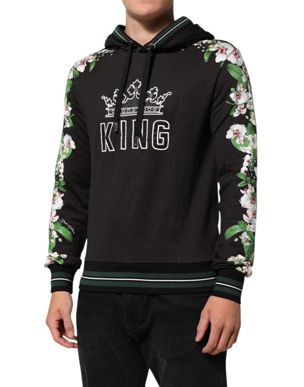 Pull Dolce & Gabbana KING Black Orchid avec logo floral, sweat à capuche noir, style élégant et décontracté.