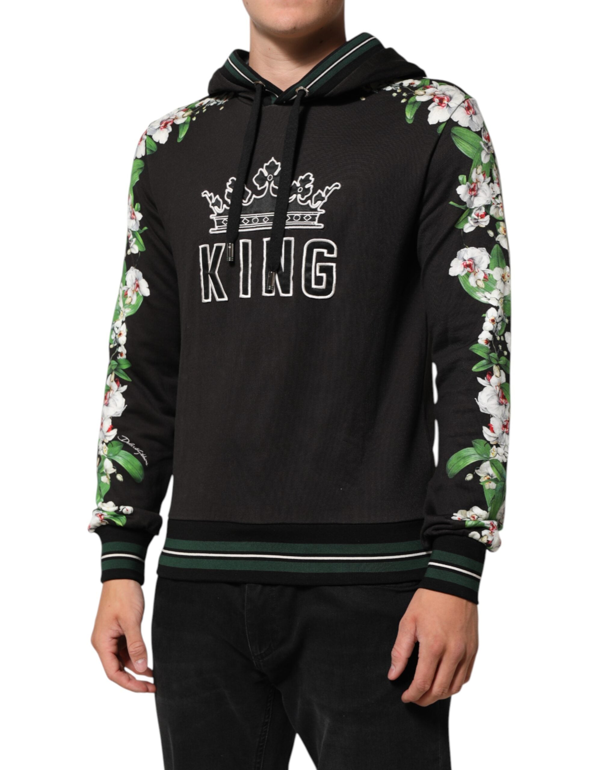 Pull Dolce & Gabbana KING Black Orchid avec logo floral, sweat à capuche noir, style élégant et décontracté.