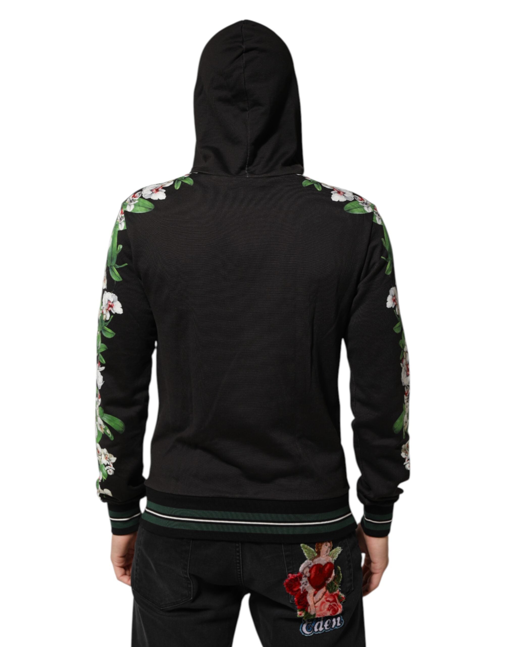 Sweat à capuche Dolce & Gabbana KING Black Orchid avec logo floral, motif noir et détails élégants.