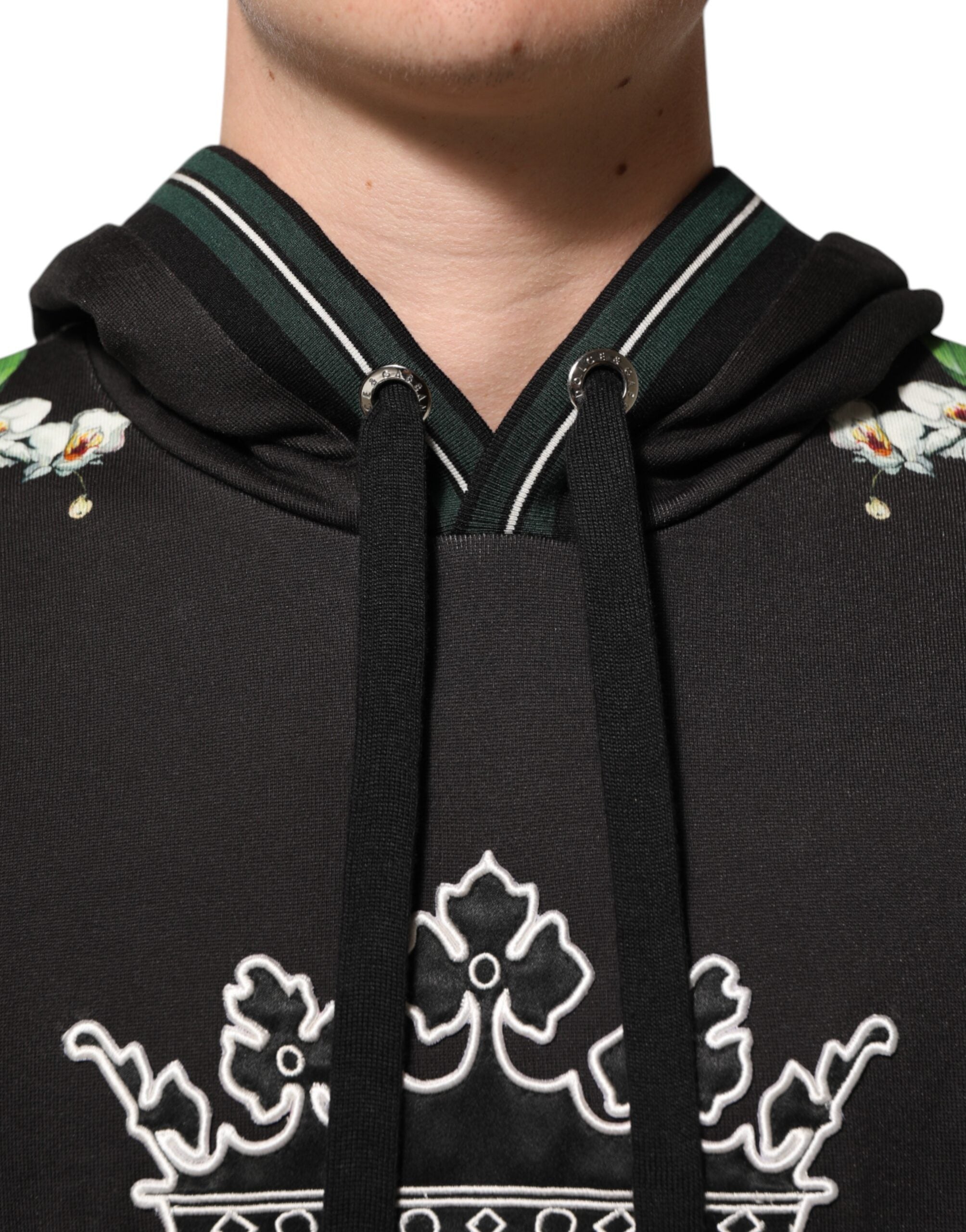 Sweat à capuche Dolce & Gabbana KING Black Orchid avec logo floral, design noir élégant, vue de face.