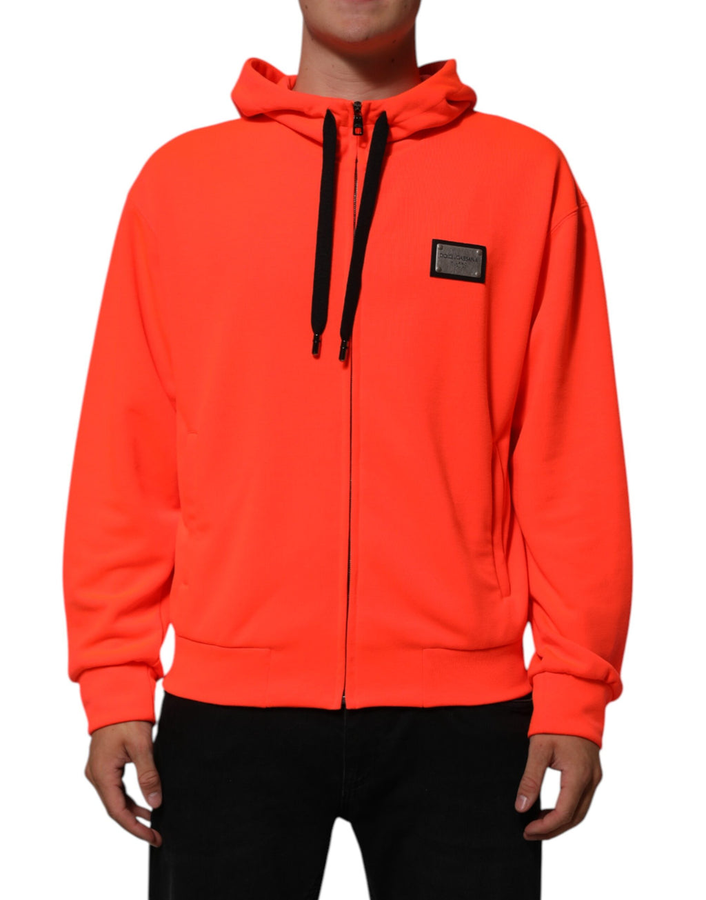 Sweat à capuche Dolce & Gabbana en polyester rouge fluorescent avec logo et patch, style décontracté et tendance.