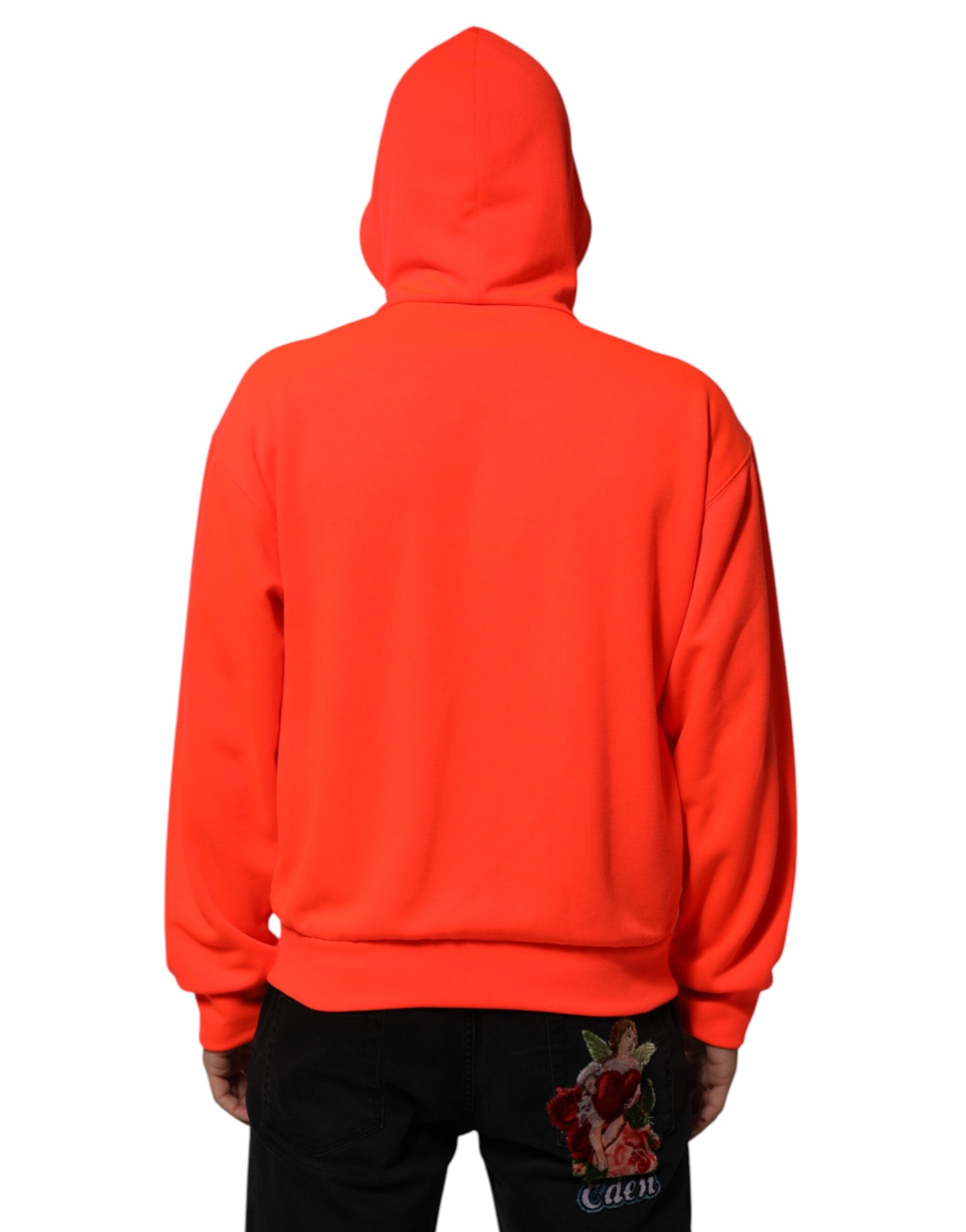 Sweat à capuche en polyester rouge fluorescent avec logo Dolce & Gabbana, patch brodé, style décontracté.