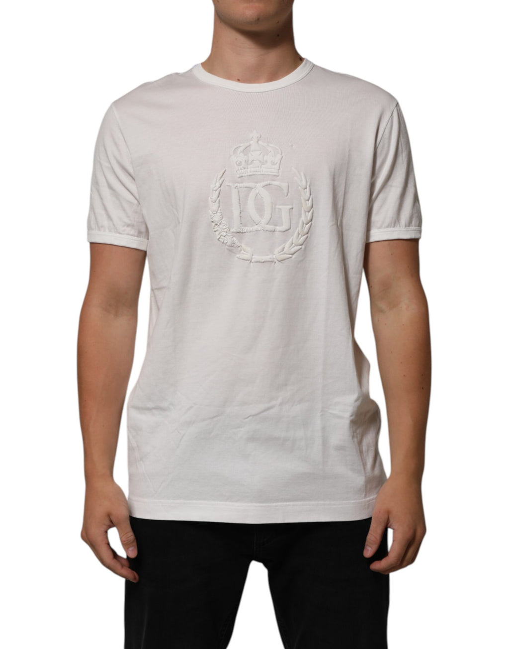 T-shirt blanc en coton Dolce & Gabbana avec motif de couronne embossée pour homme, vue de face.