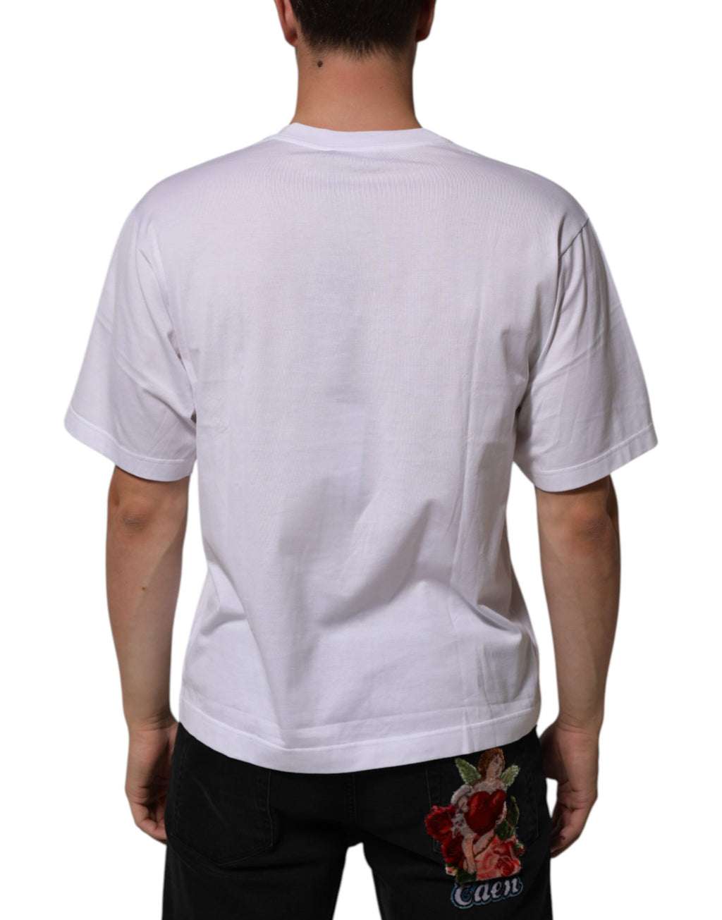 T-shirt homme Dolce & Gabbana en coton blanc avec logo brodé et col rond, style décontracté.