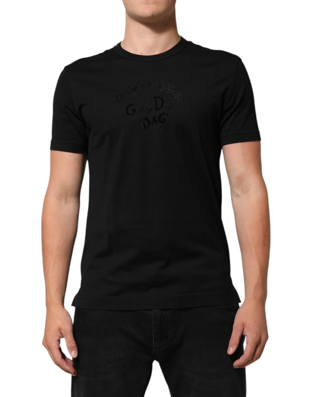T-shirt homme Dolce & Gabbana en velours de coton noir avec logo imprimé, style élégant et décontracté.