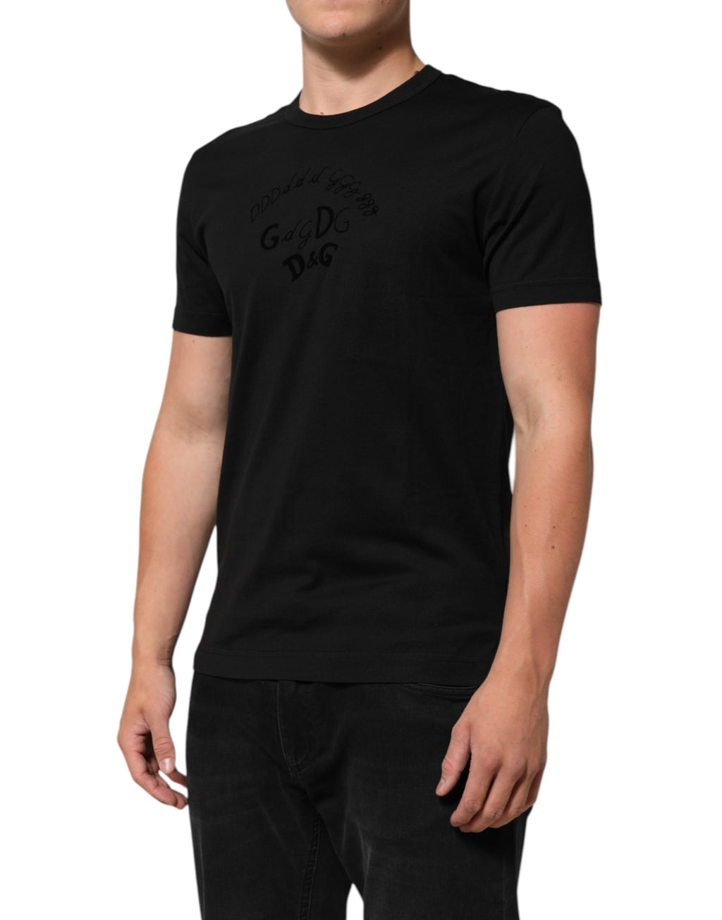 T-shirt homme en coton velours noir Dolce & Gabbana avec logo imprimé, style élégant et moderne.