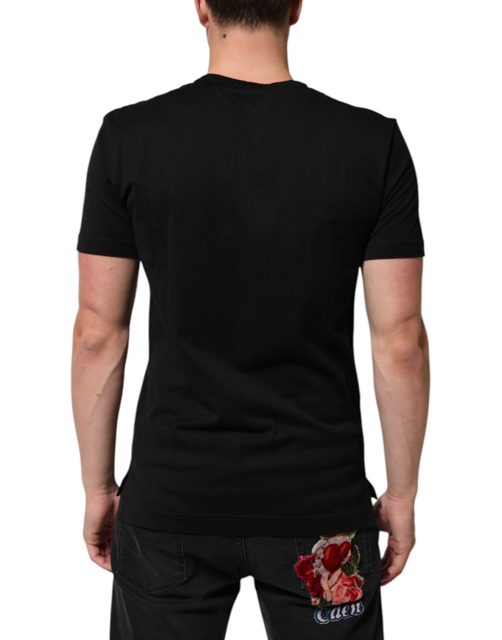 T-shirt homme en coton et velours noir Dolce & Gabbana avec logo imprimé, style élégant et moderne.