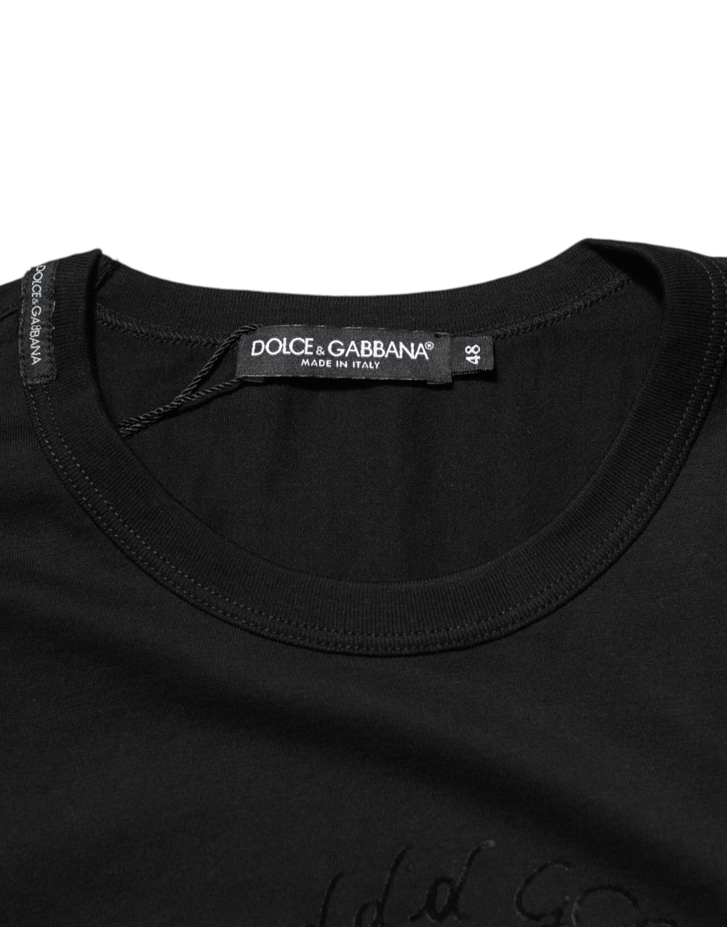 T-shirt noir en coton velours Dolce & Gabbana avec logo imprimé pour homme, vue de face.