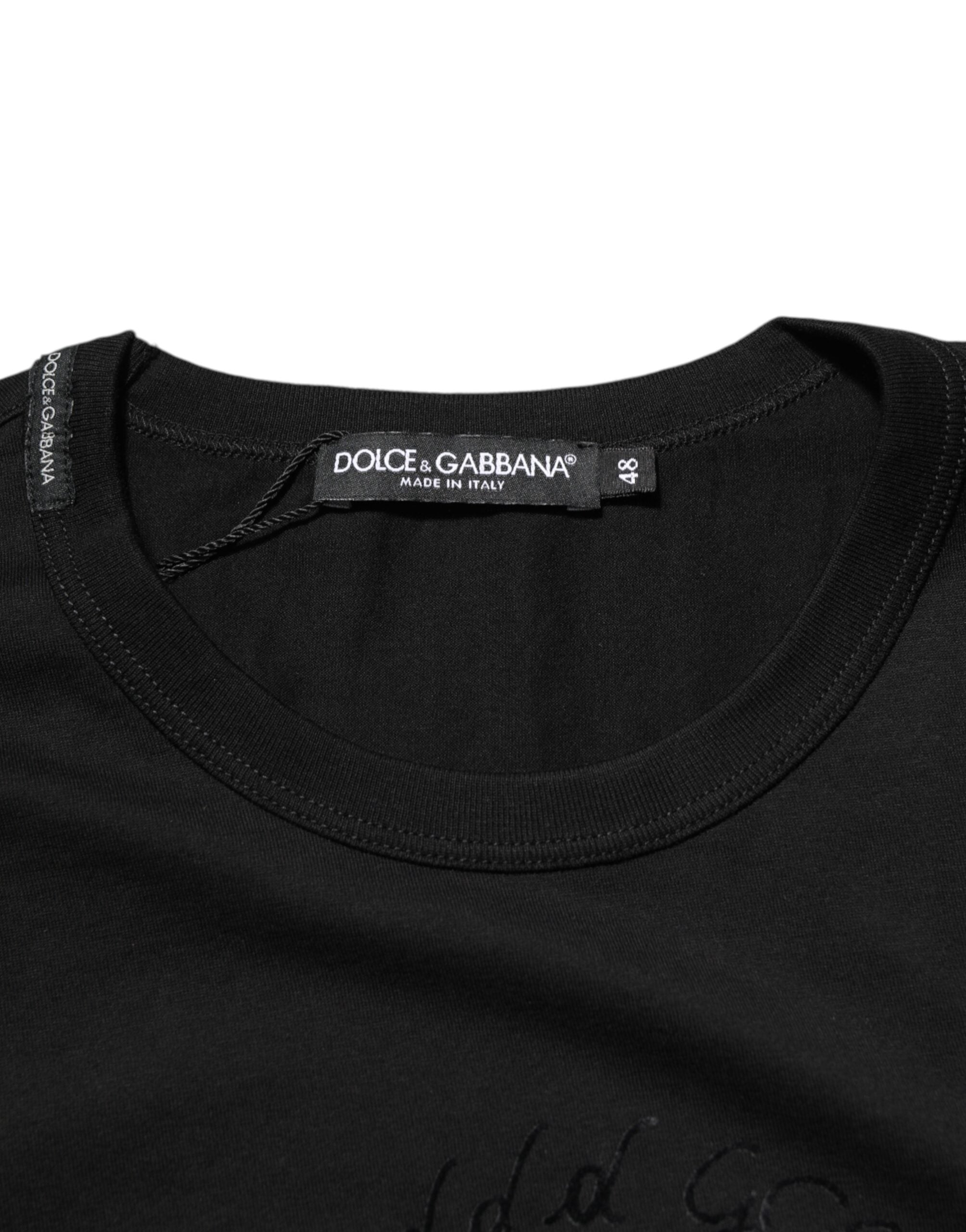 T-shirt noir en coton velours Dolce & Gabbana avec logo imprimé pour homme, vue de face.