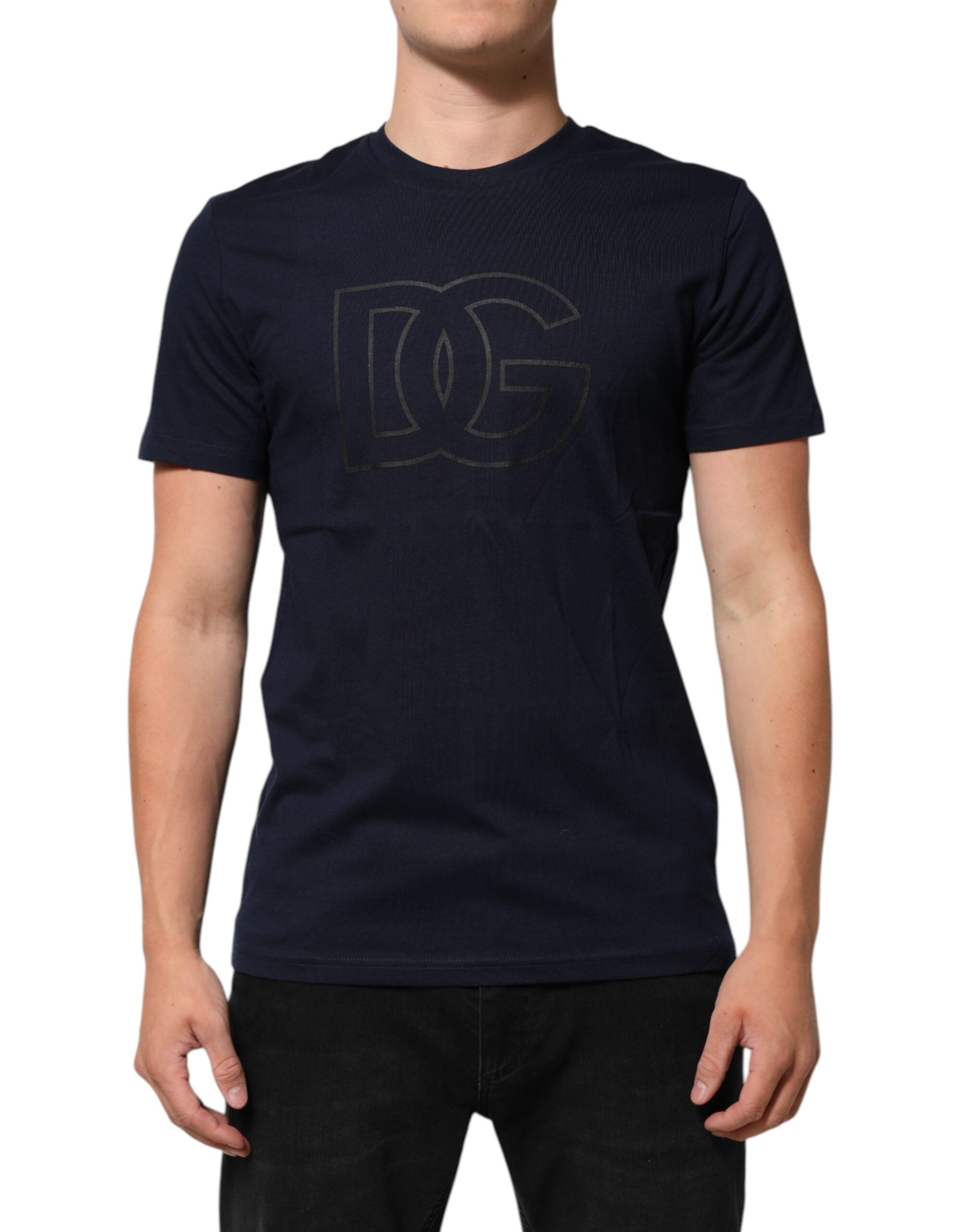 T-shirt homme en coton bleu foncé Dolce & Gabbana avec logo imprimé, col rond et coupe décontractée.