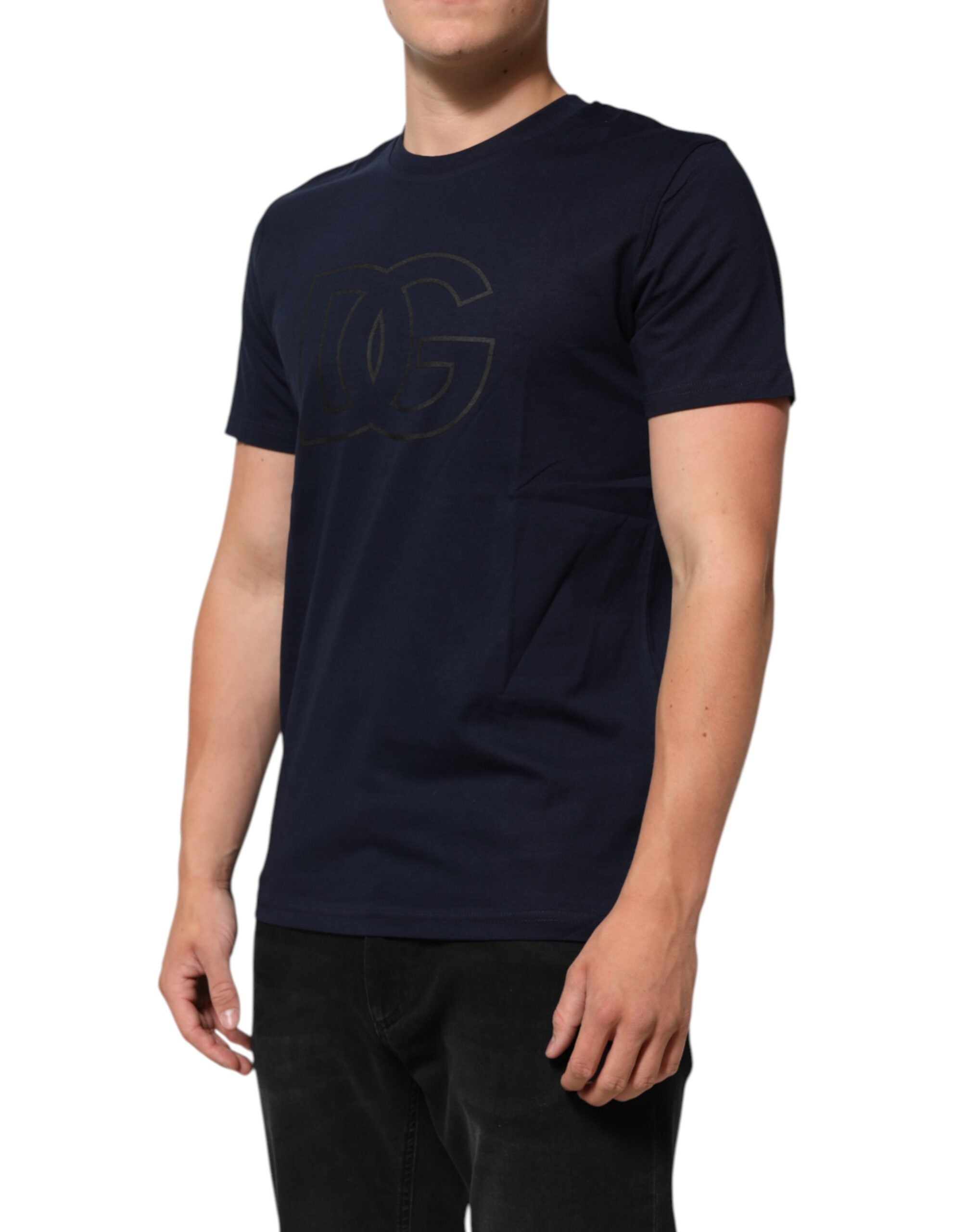 T-shirt pour homme Dolce & Gabbana en coton bleu foncé avec logo DG imprimé, style décontracté et moderne.