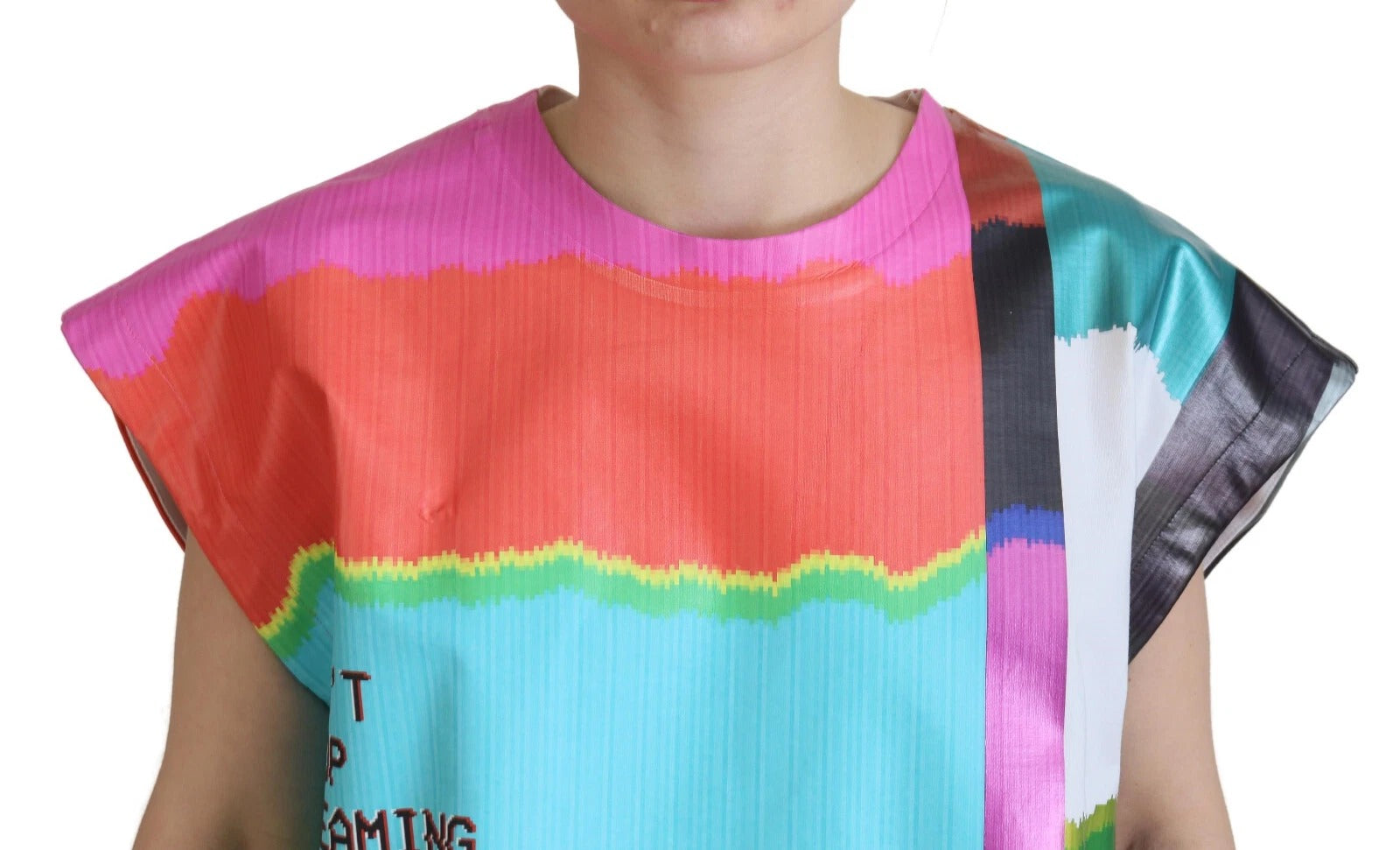 Haut coton Dolce & Gabbana multicolore avec imprimé TV, style débardeur, visible en gros plan sur le tissu et le motif coloré.