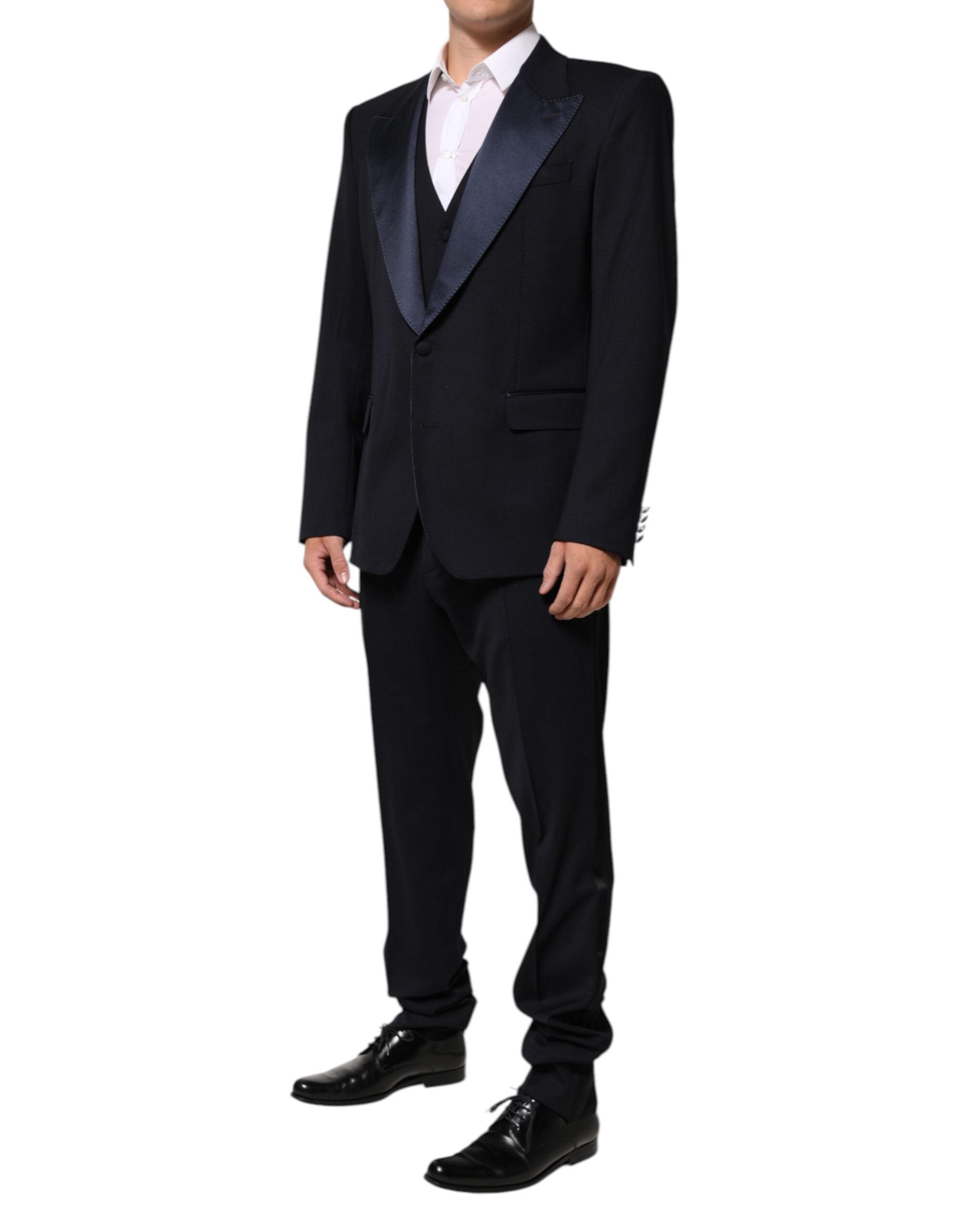 Costume en laine et soie noir Dolce & Gabbana Sicilia, ensemble trois pièces avec veste, pantalon et chemise élégants.
