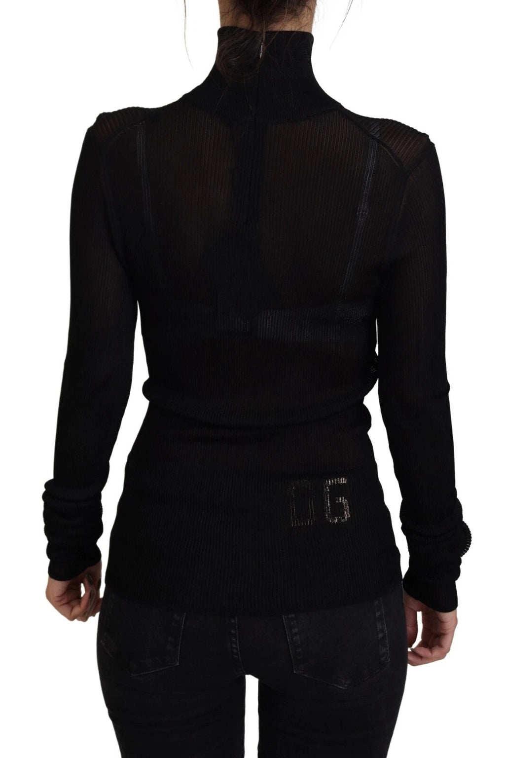 Pull en laine noir Dolce & Gabbana, col roulé ajusté, pull-over slim fit, vue de face sur fond neutre.
