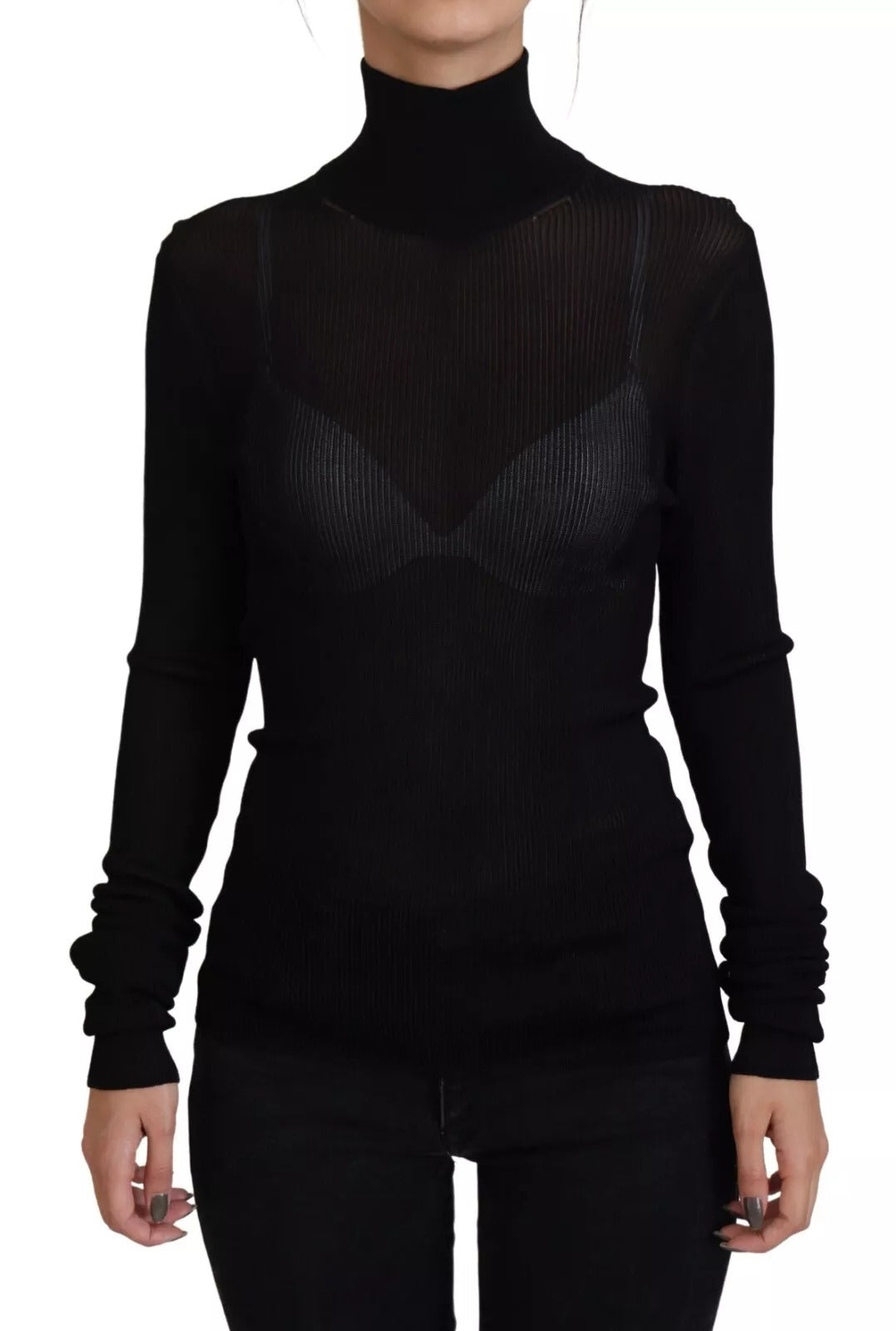 Pull encolure roulée noir Dolce & Gabbana, coupe slim fit, vêtement en laine élégant pour homme.