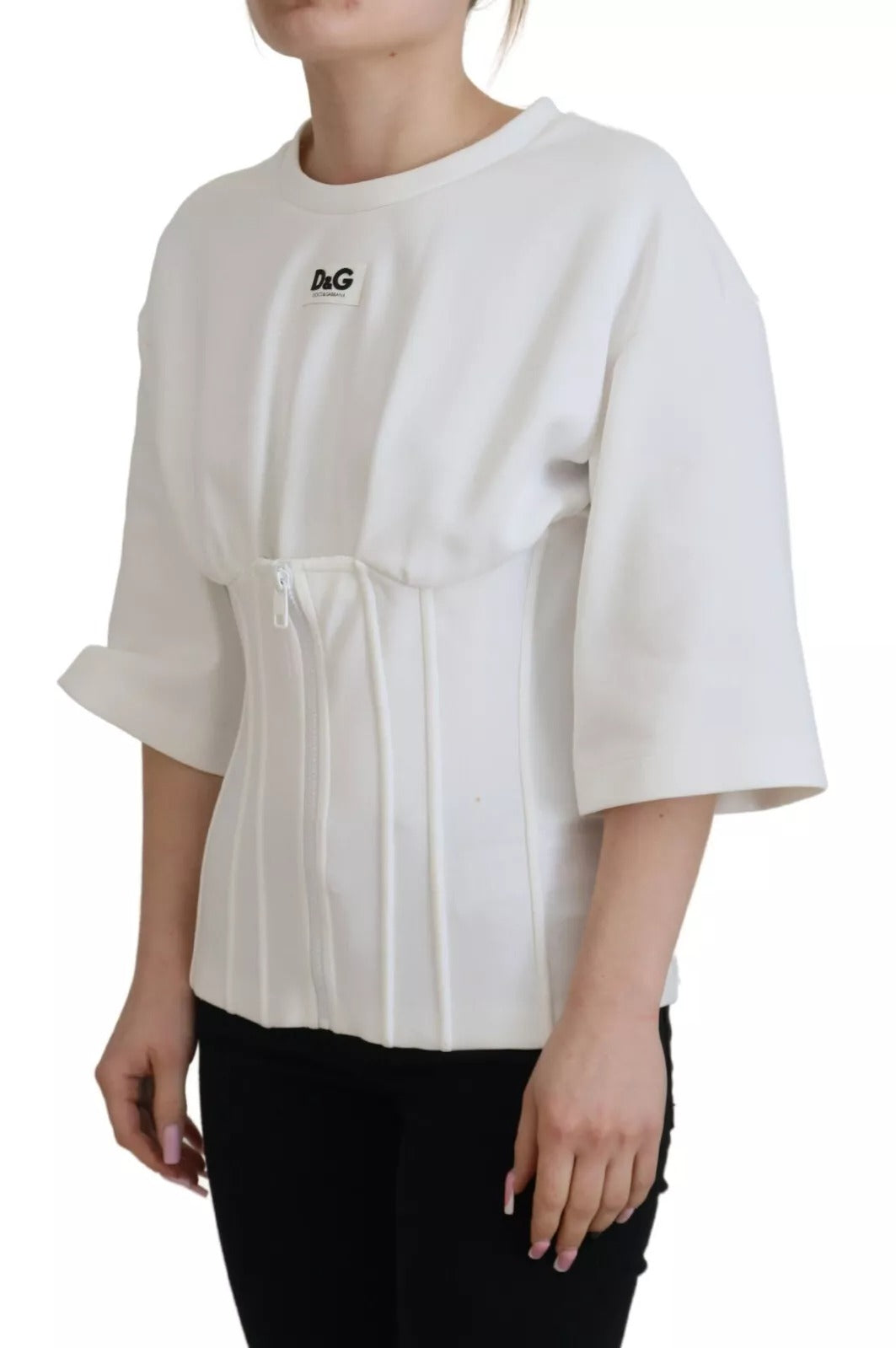 Corset blanc en coton de Dolce & Gabbana, haut stretch ajusté, avec détails élégants et design tendance.