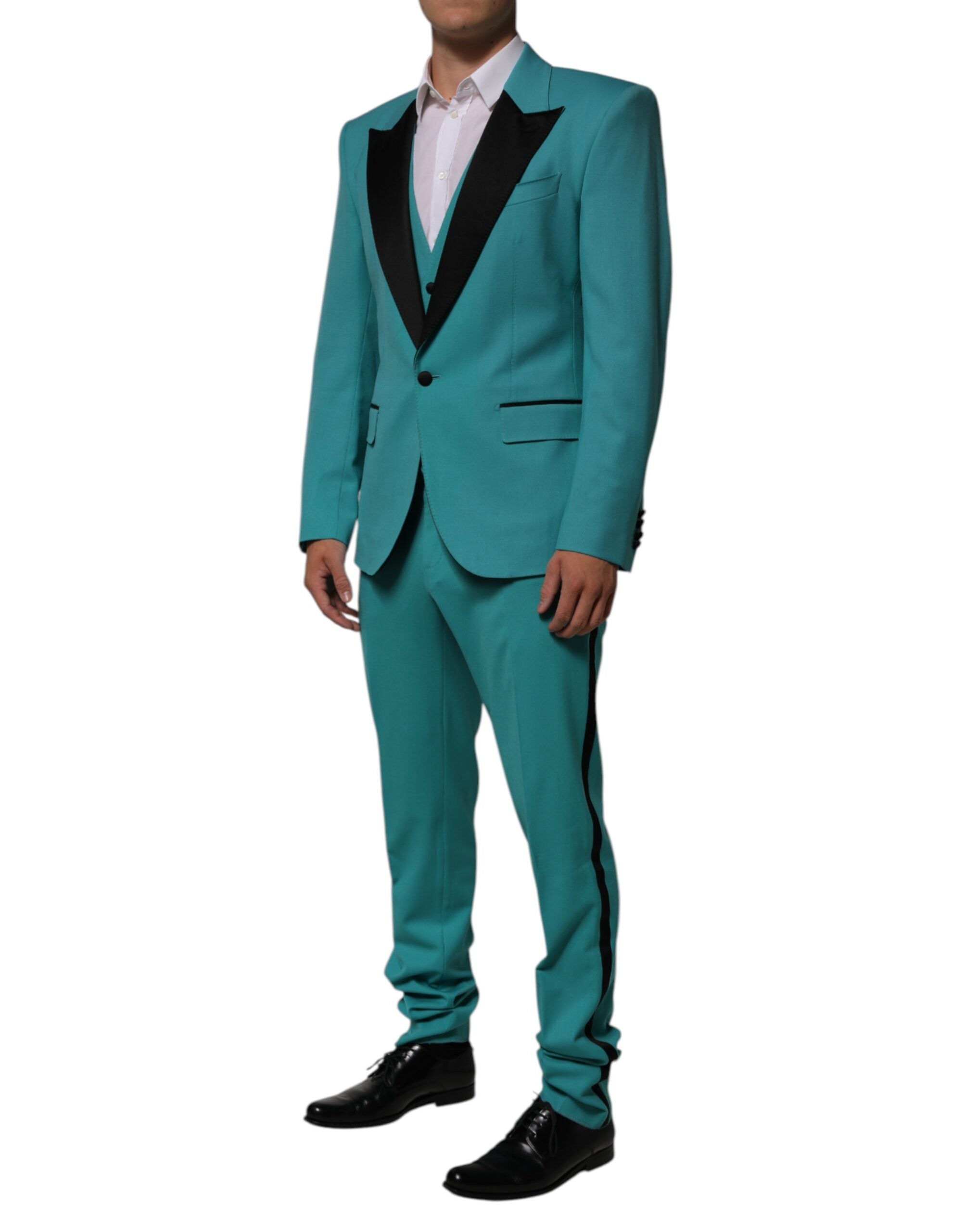 Costume en laine et soie Dolce & Gabbana Cyan, 3 pièces, style Sicilia, visible sur mannequin avec détails élégants.