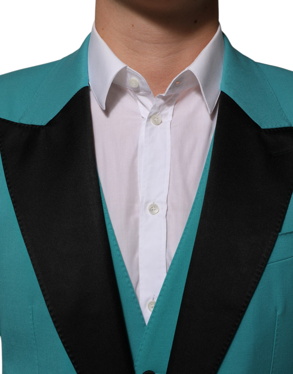 Tailleur en laine et soie Dolce & Gabbana Cyan, costume 3 pièces Sicilia, veste, pantalon et gilet élégants.
