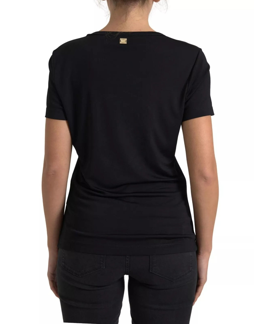 T-shirt noire Roberto Cavalli en viscose à col rond, style classique et élégant, vue de face sur fond neutre.