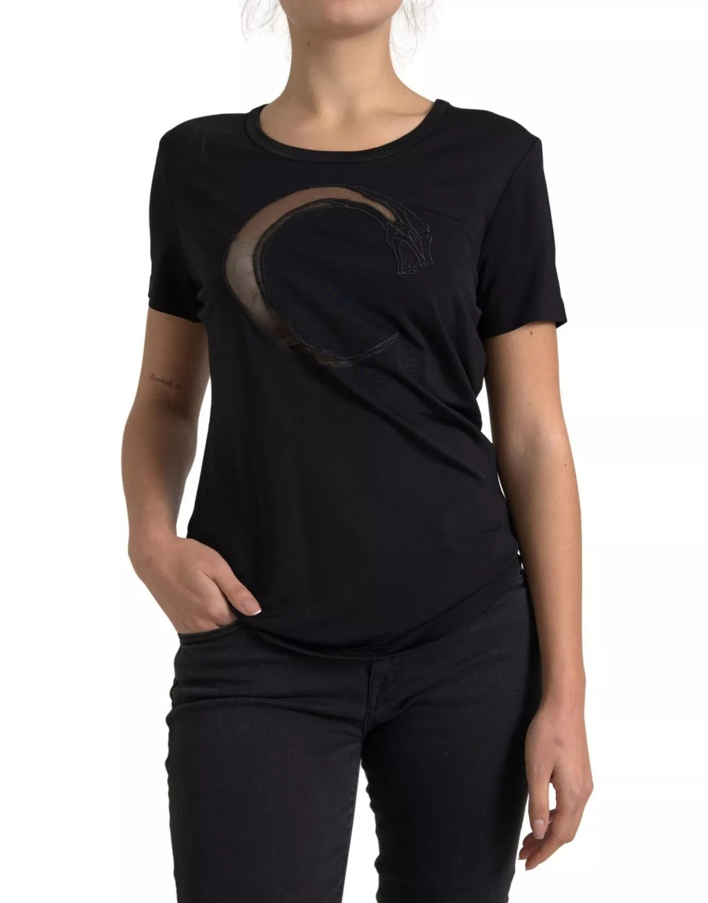 T-shirt noir en viscose Roberto Cavalli avec col rond, style classique et élégance pour un look sophistiqué.