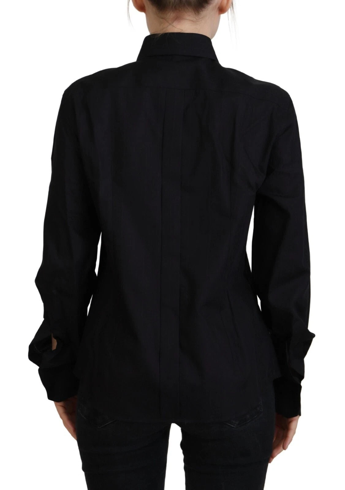 Chemise noire en coton à col avec manches longues de Dolce & Gabbana, vue de face avec détails visibles.