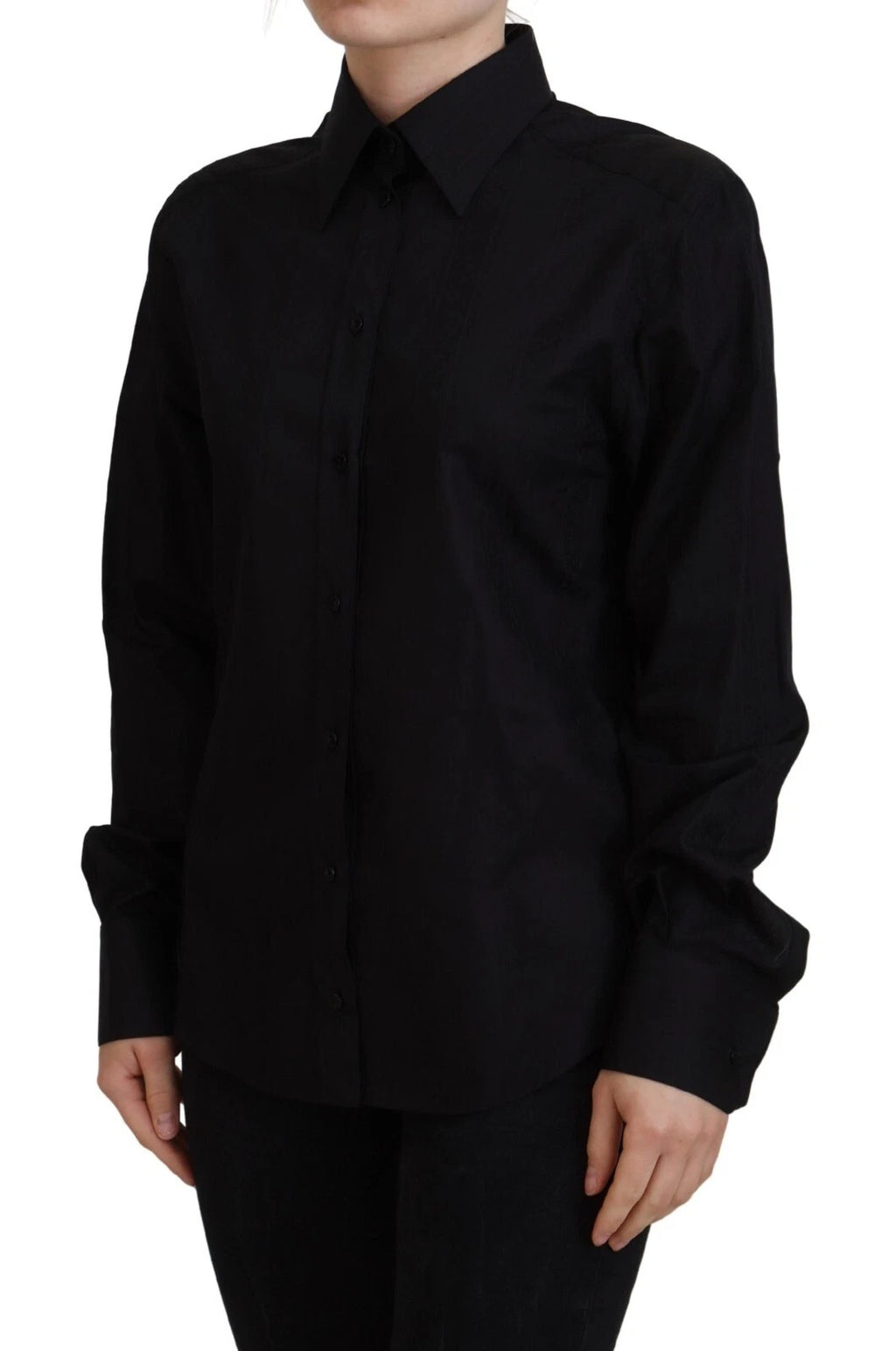 Chemise noire en coton à col et manches longues de Dolce & Gabbana, vue de face.