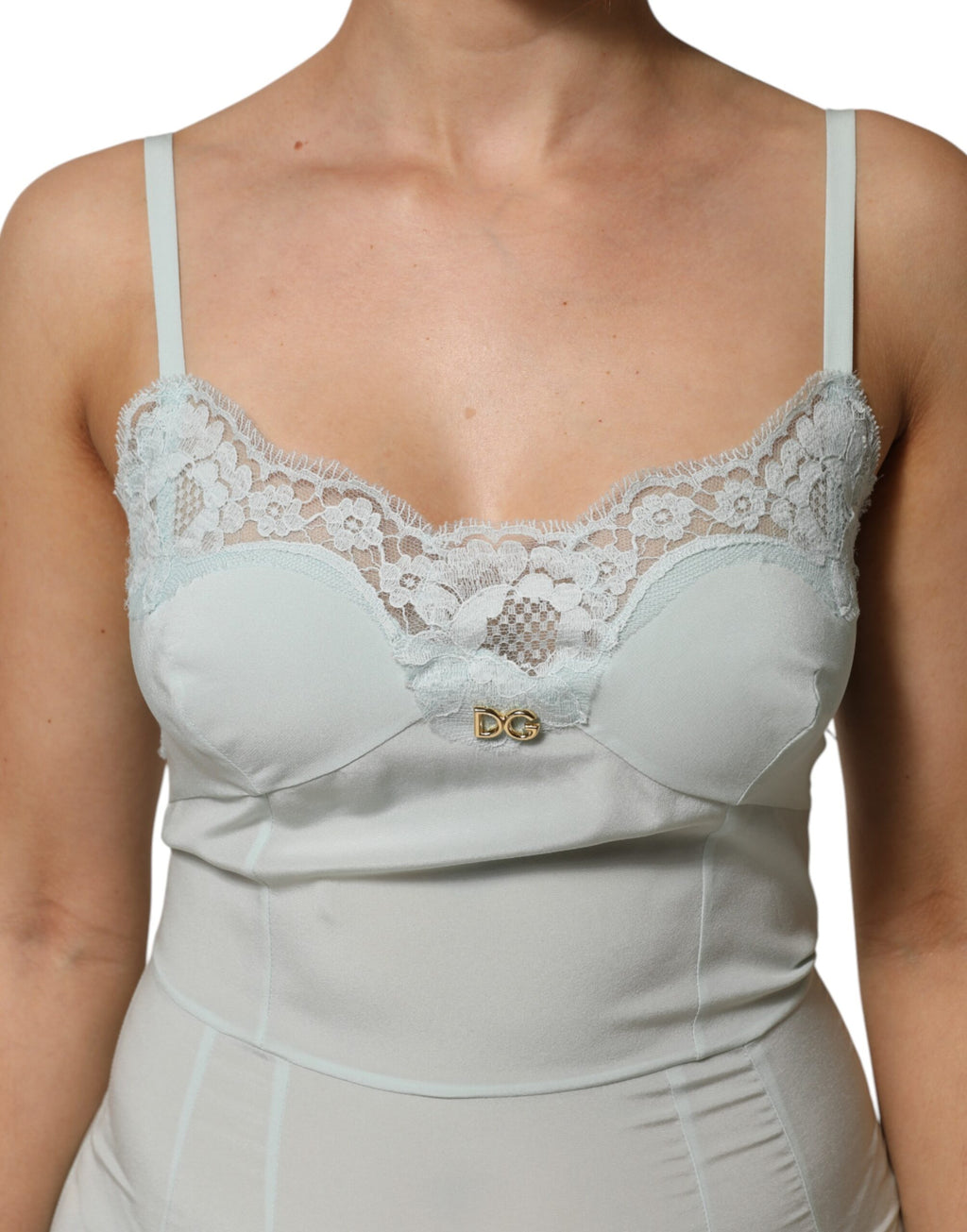 Robe midi en soie et dentelle Light Blue de Dolce & Gabbana, silhouette bodycon élégante et sophistiquée.
