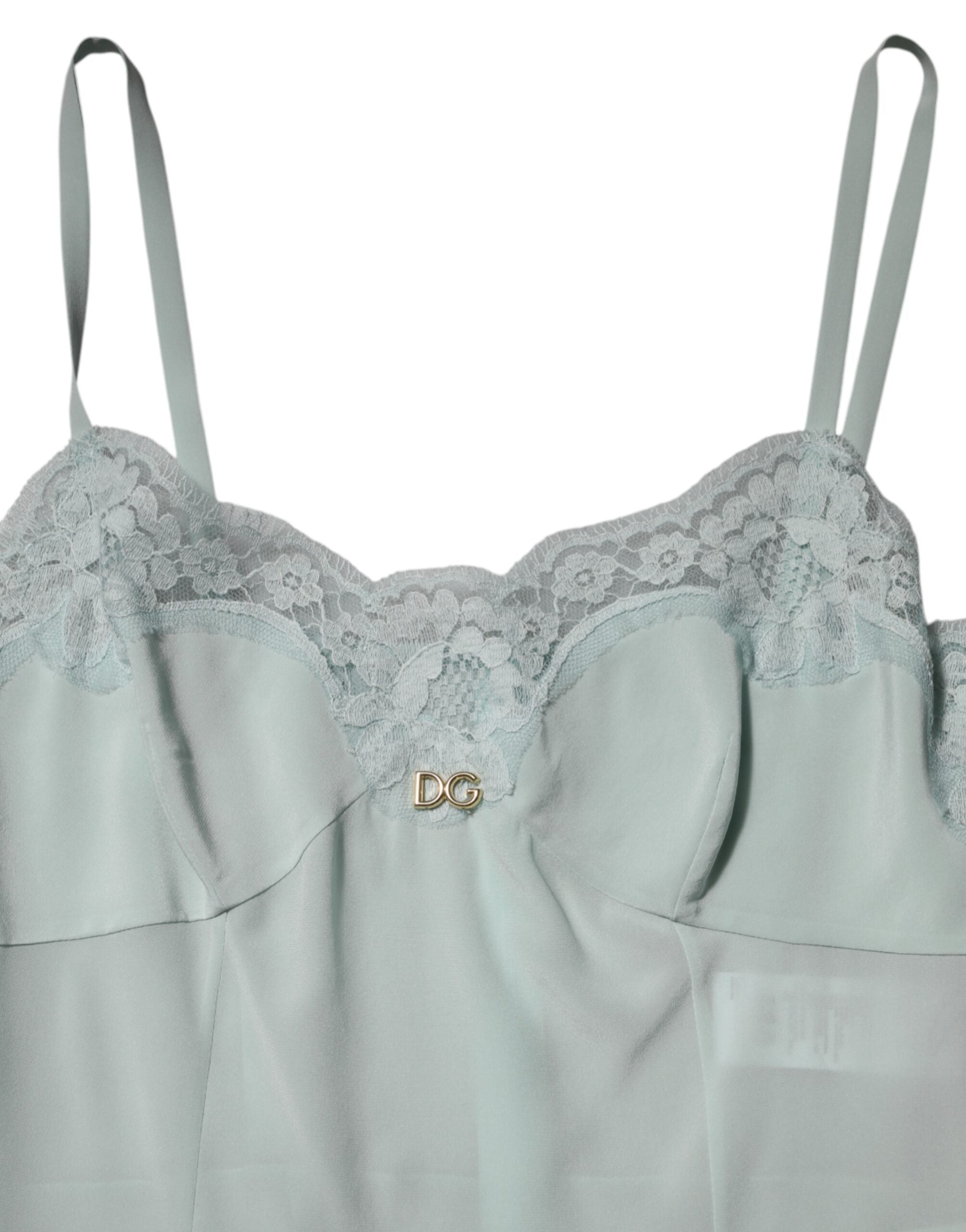 Robe midi en soie et dentelle Light Blue de Dolce & Gabbana, robe ajustée élégante avec détails en dentelle et tissu fluide.