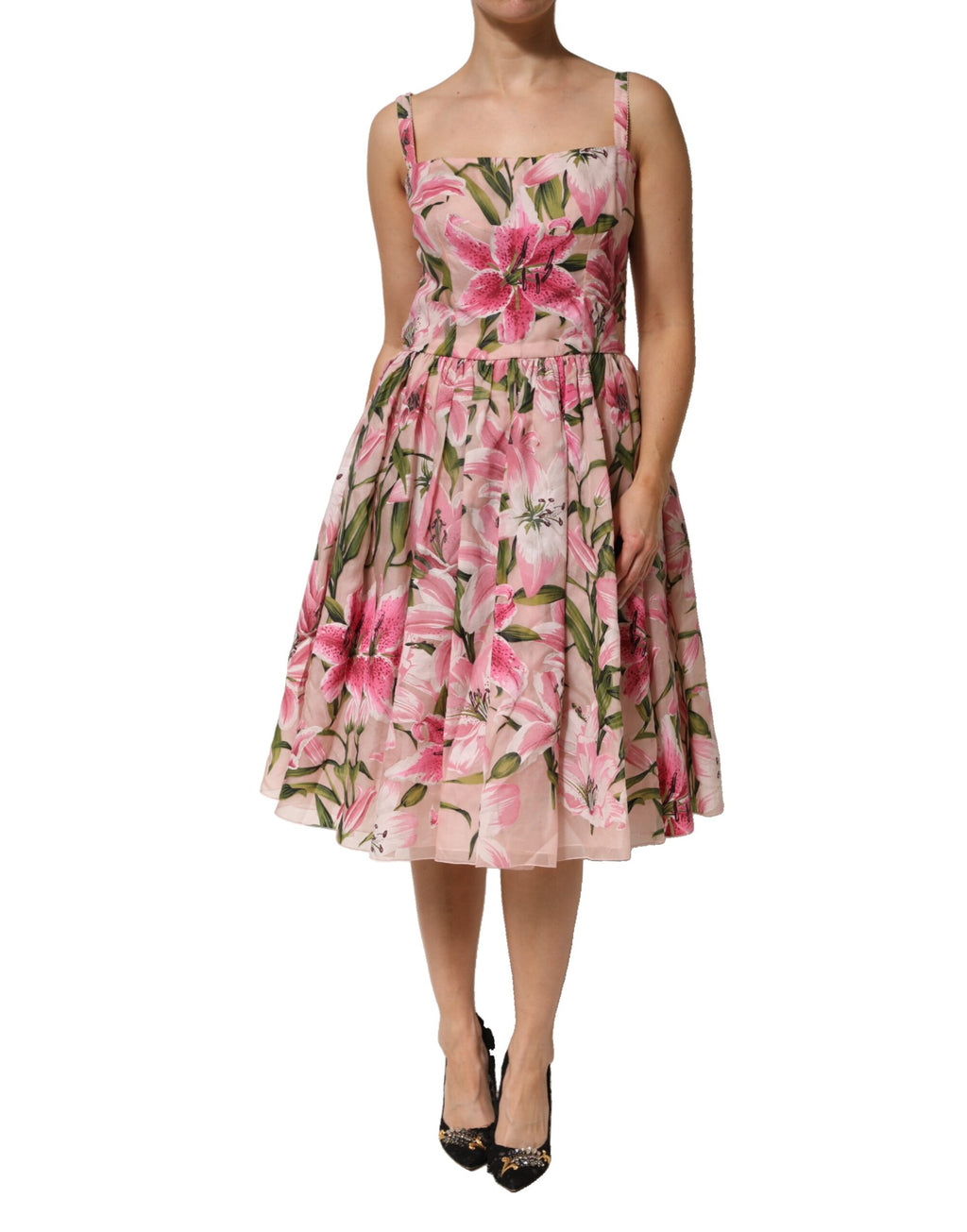 Robe midi sans manches Dolce & Gabbana à imprimé floral rose et lys, style élégant et féminin, en tissu léger.