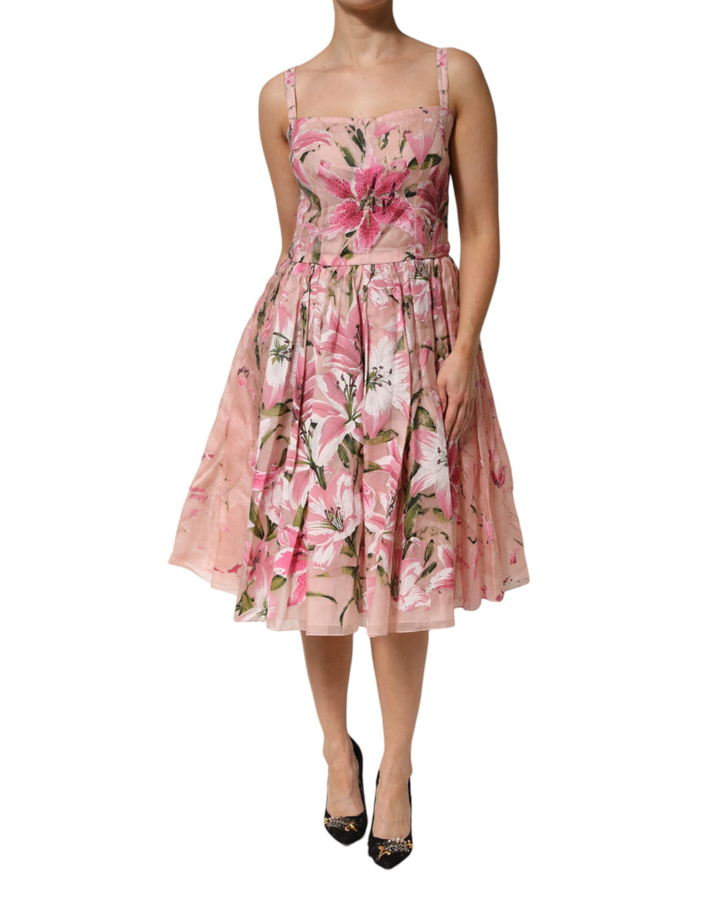 Robe sans manches en coton rose à fleurs et plis de Dolce & Gabbana, élégante et féminine.
