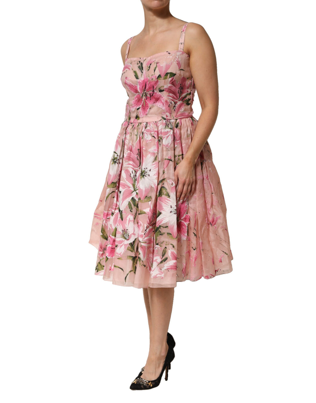 Robe sans manches en coton rose à fleurs et plissée de Dolce & Gabbana, élégante et légère, pour un style chic.