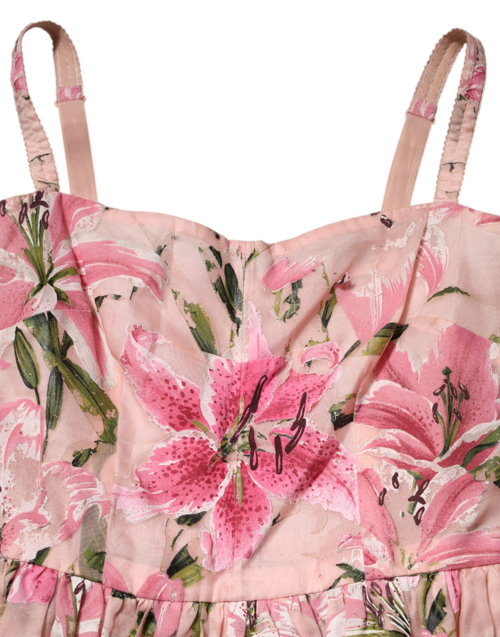 Robe sans manches en coton rose à fleurs et plis de Dolce & Gabbana, élégante et légère, pour un style féminin et raffiné.