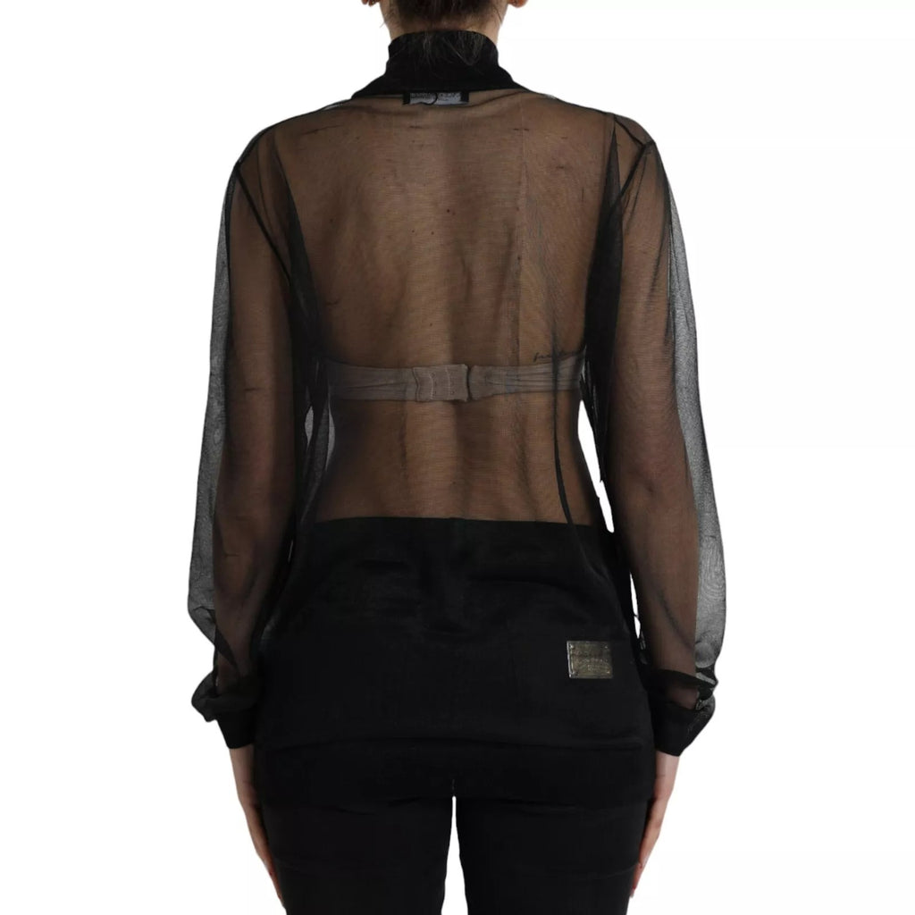 Blouse transparente en mesh noir de Dolce & Gabbana avec col roulé, style élégant et sophistiqué.